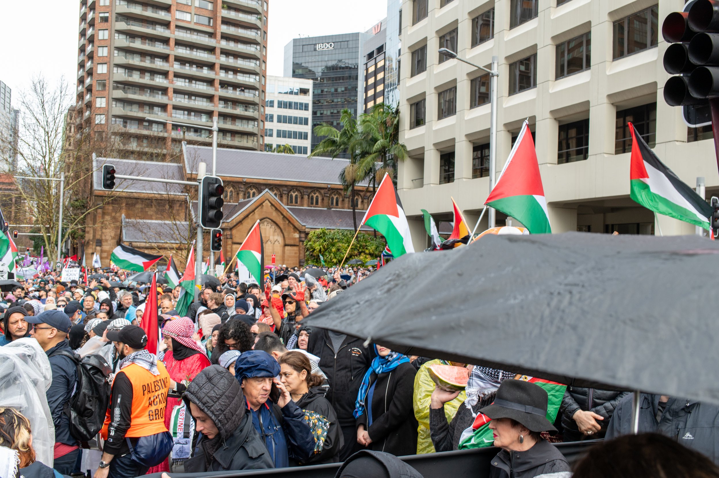 Large crowd of people gathered in an urban setting holding Palestinian flags during a protest or rally, with tall buildings and a historic church in the background.