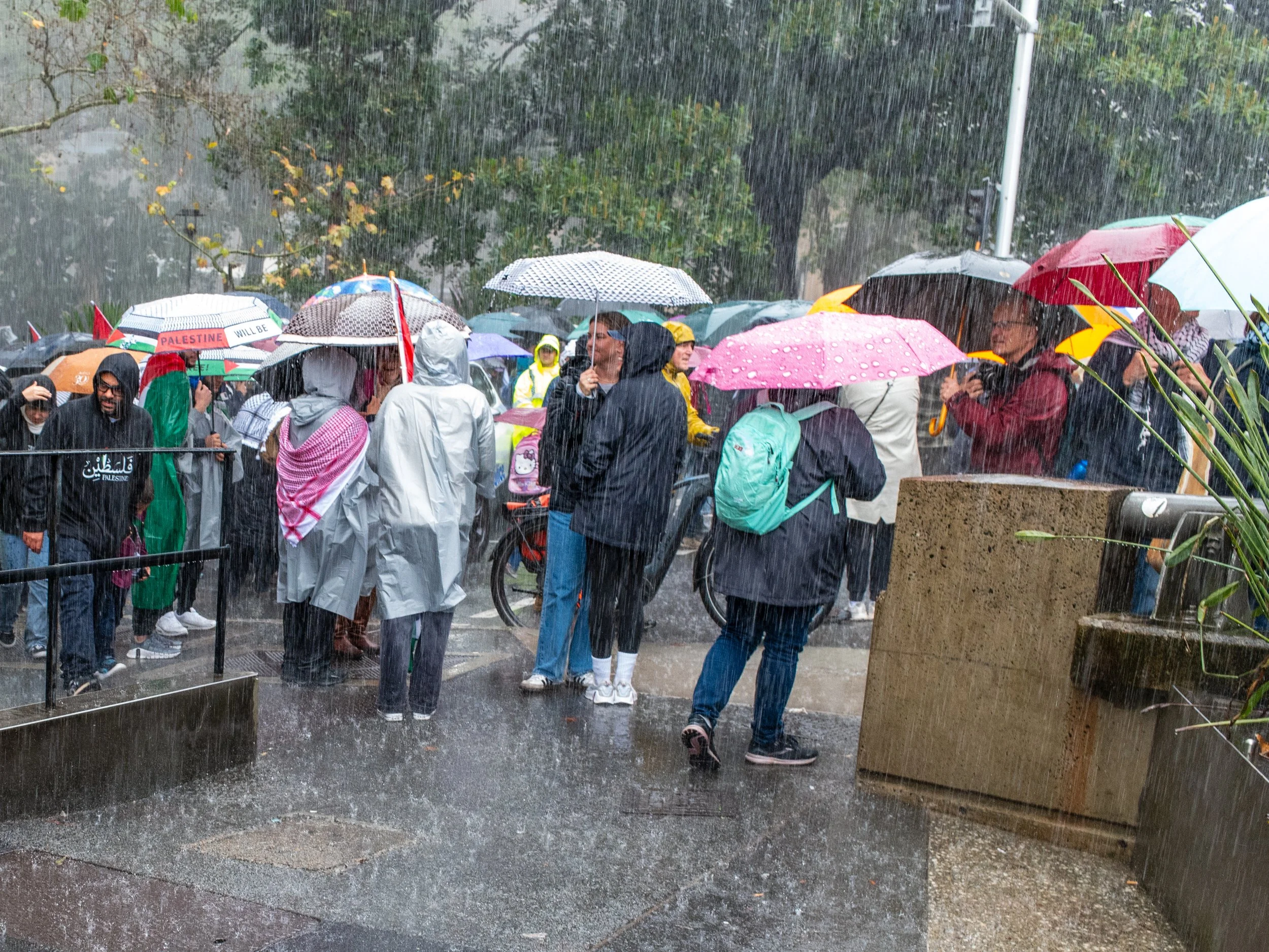 Crowd of people standing in the rain, holding umbrellas, outside during a weather event.