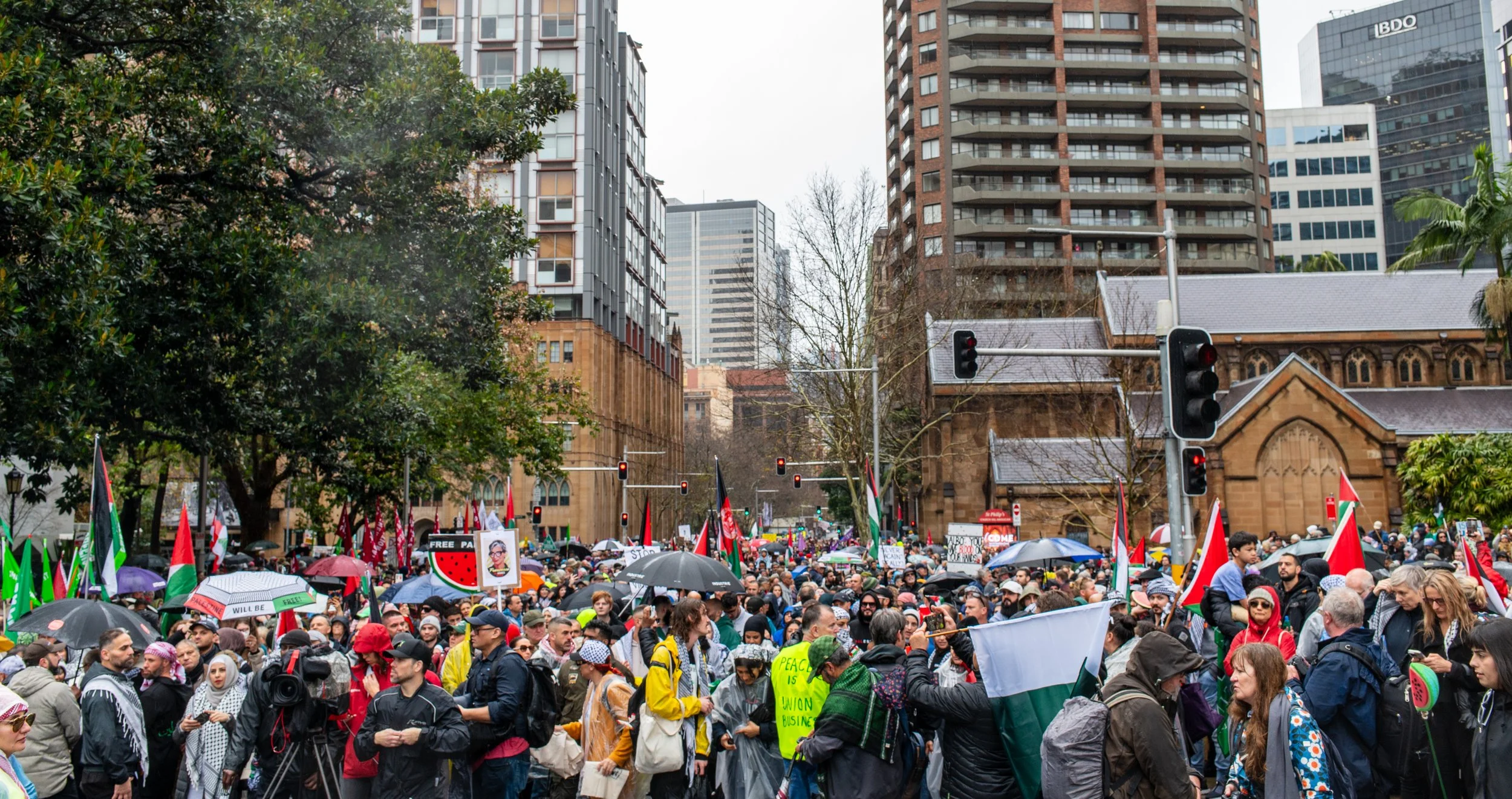 A large crowd gathered at a protest or rally in an urban city center with tall buildings and a church, many holding flags, signs, and umbrellas.