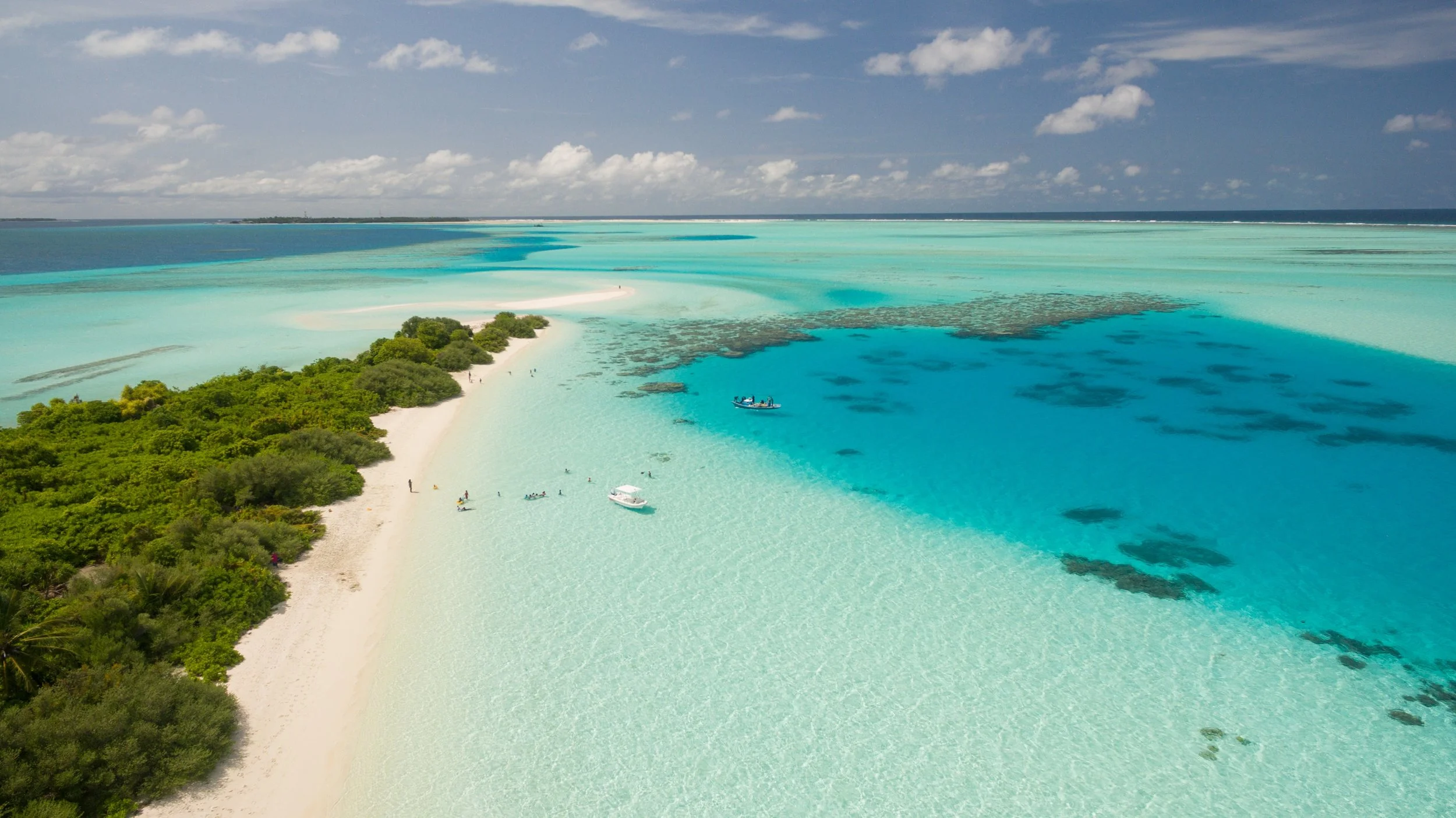 Aerial view of a tropical beach with white sand, green foliage, and turquoise water, scattered with boats and patches of seaweed or dark algae.