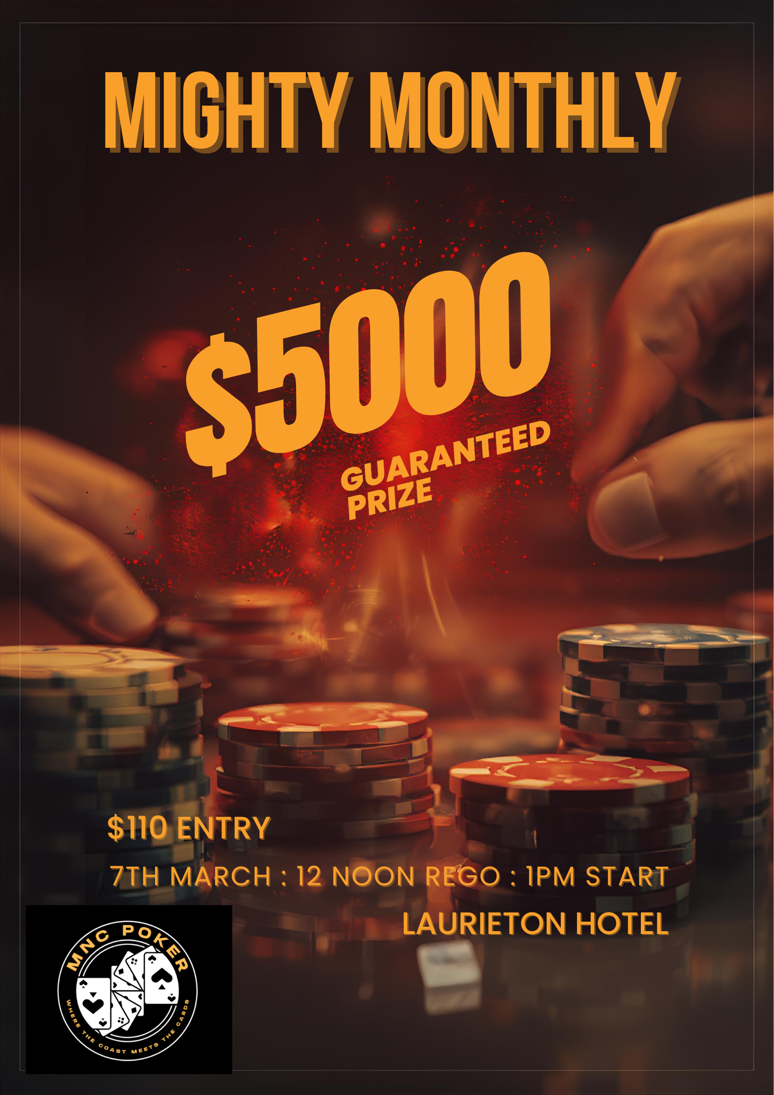Poster advertising a poker tournament with a $5000 guaranteed prize, $110 entry fee, scheduled for March 7th at 12 noon, registration at 1 pm, at Laurieton Hotel. The poster features stacks of poker chips and a logo that says "MNC Poker."