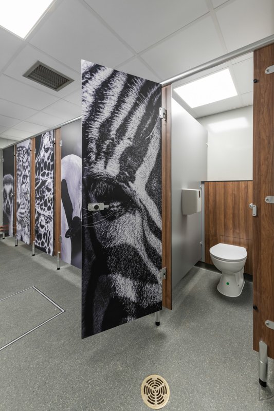 zebra image printed cubicle door, half height duct panels at banham zoo.jpg