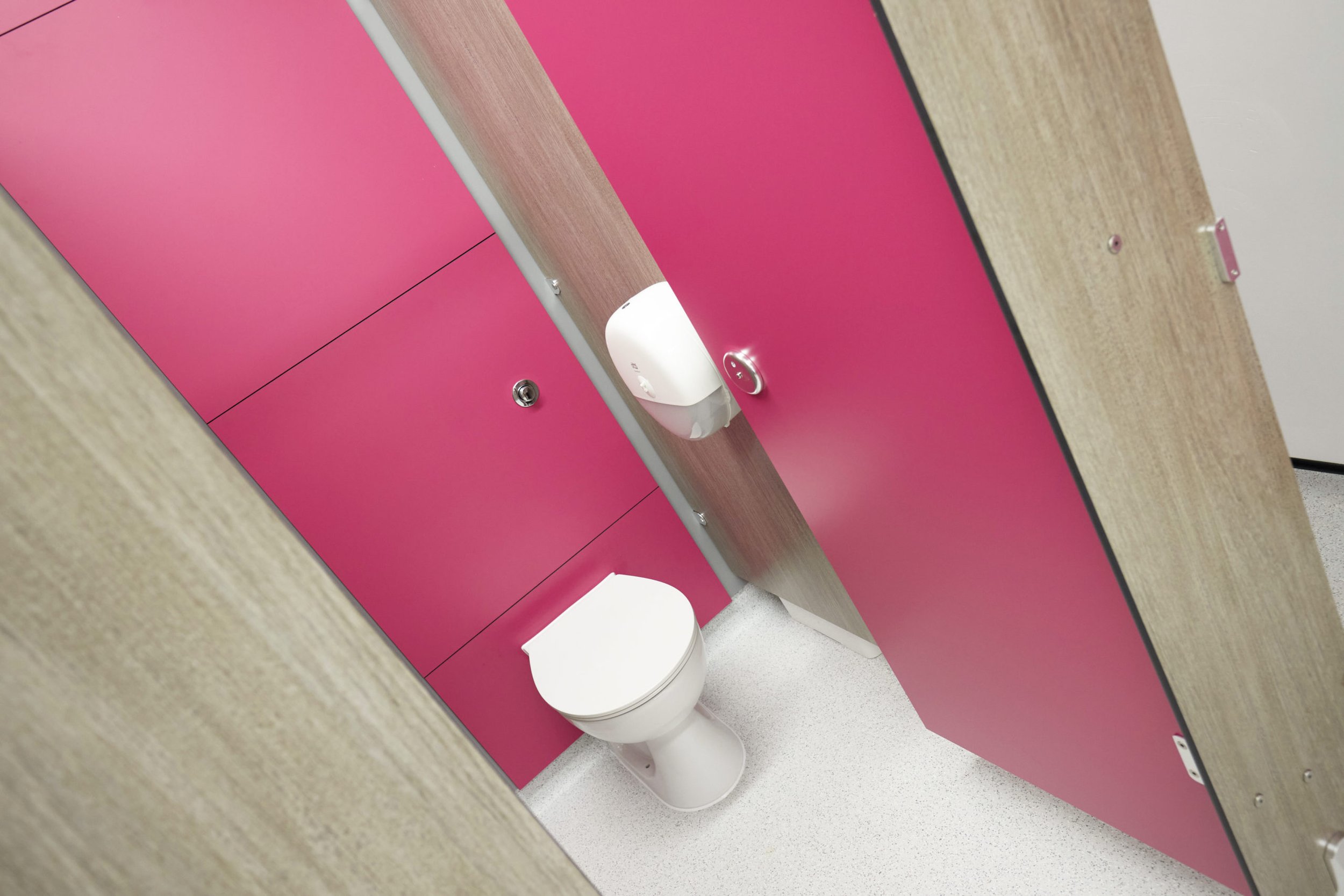 a toilet cubicle with woodgrain divisions and pink ducting and door at upland school.jpg
