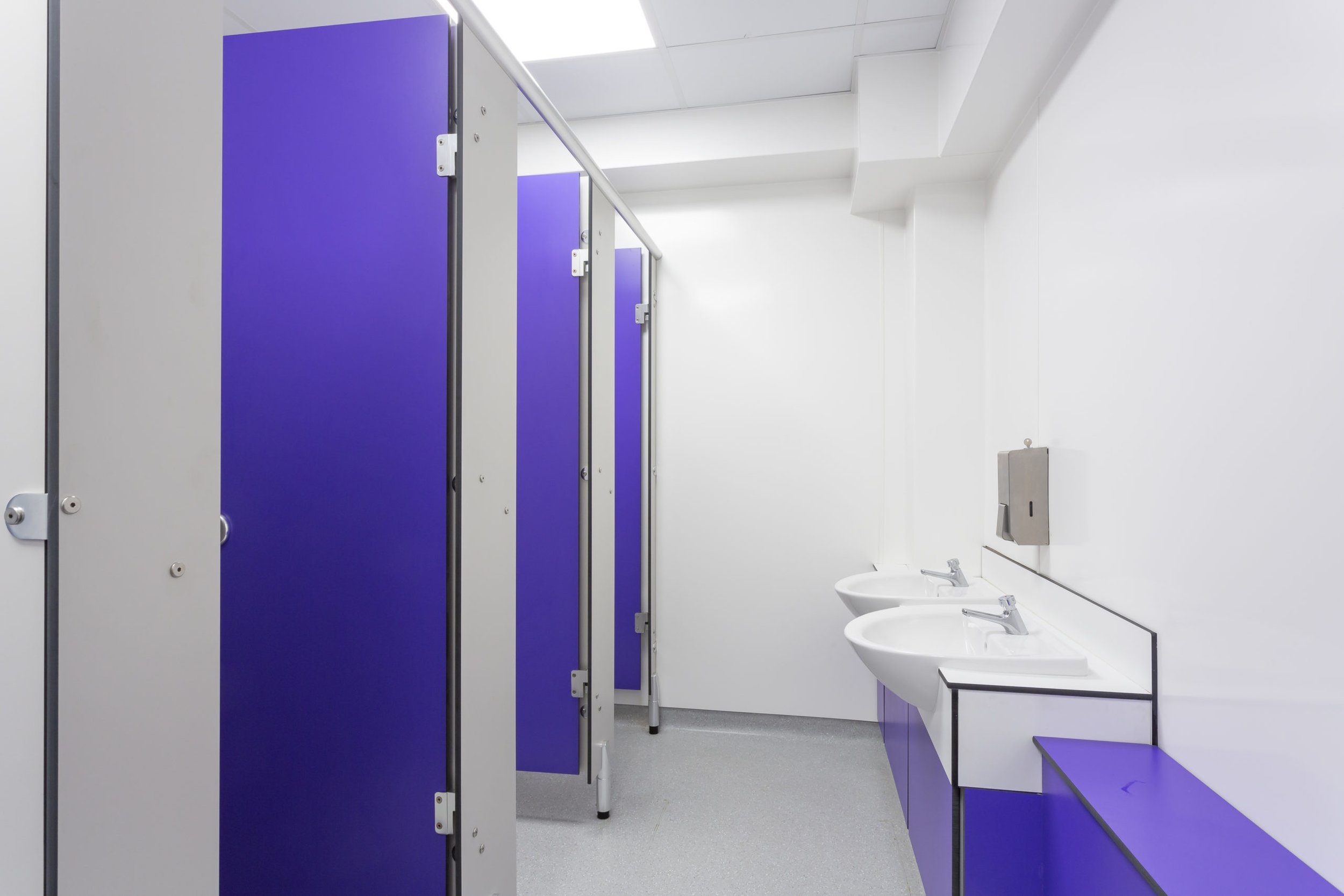 Purple and white toilets and vanity unit at cliff park school.jpg
