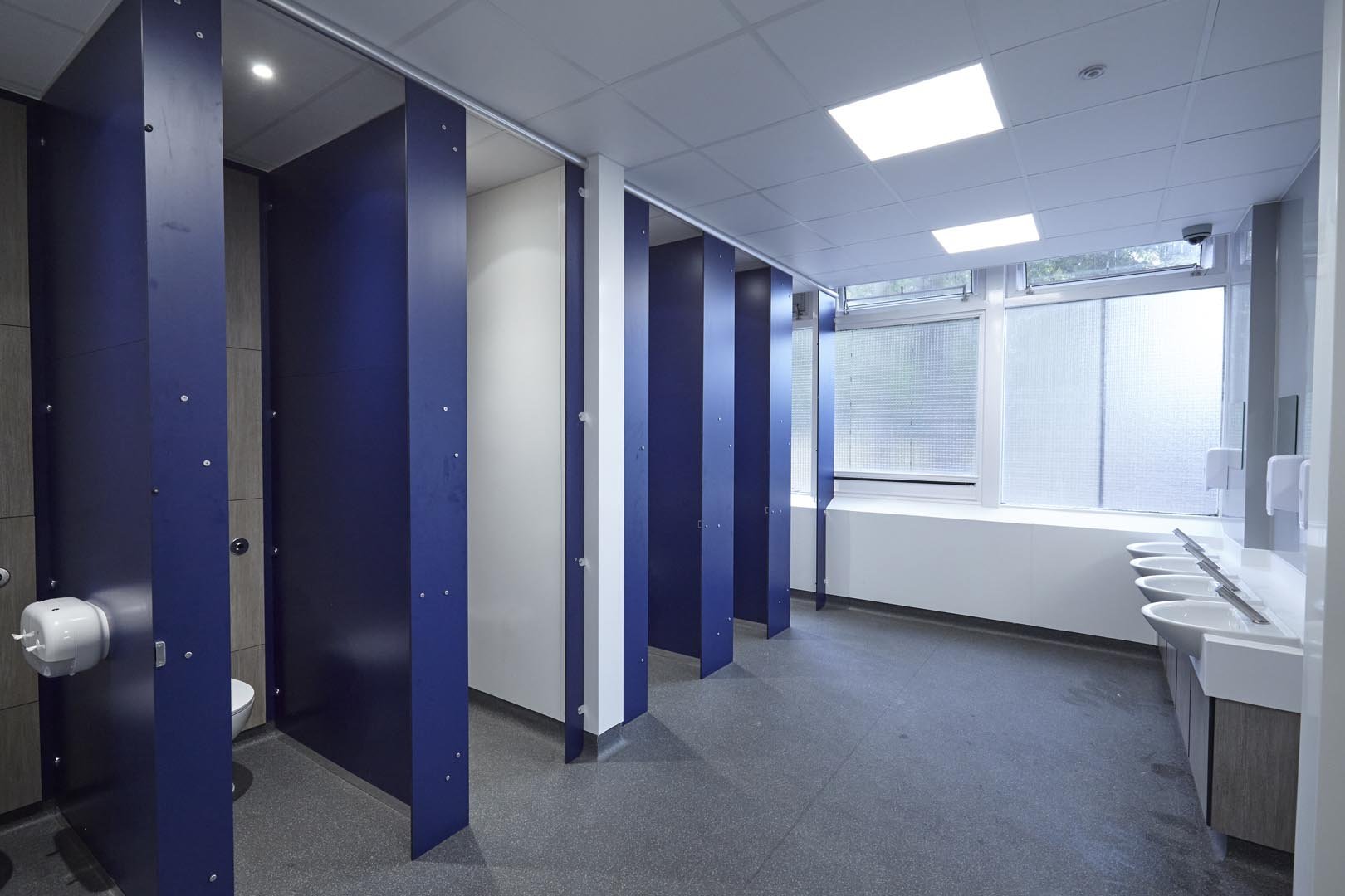 vanity unit and unisex privacy toilet cubiles in grey woodgrain and navy at collingwood.jpg