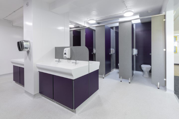 block of purple toilet cubicles and a communal hand wash vanity area at fakenham academy (Small).jpg