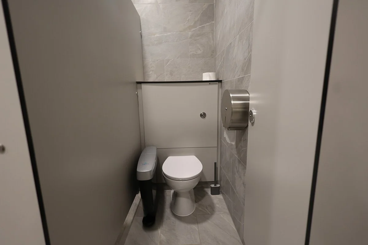 Toilet with duct panelling with push flush, paper dispenser and hygiene bin.jpg
