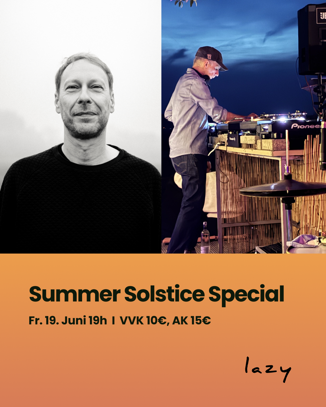 Plakat für eine Party Namens Summer Solstice Special mit einer Liverperformance von Matthias Vogt und Aftershow mit Michael Rütten am 19. Juni um 19 Uhr