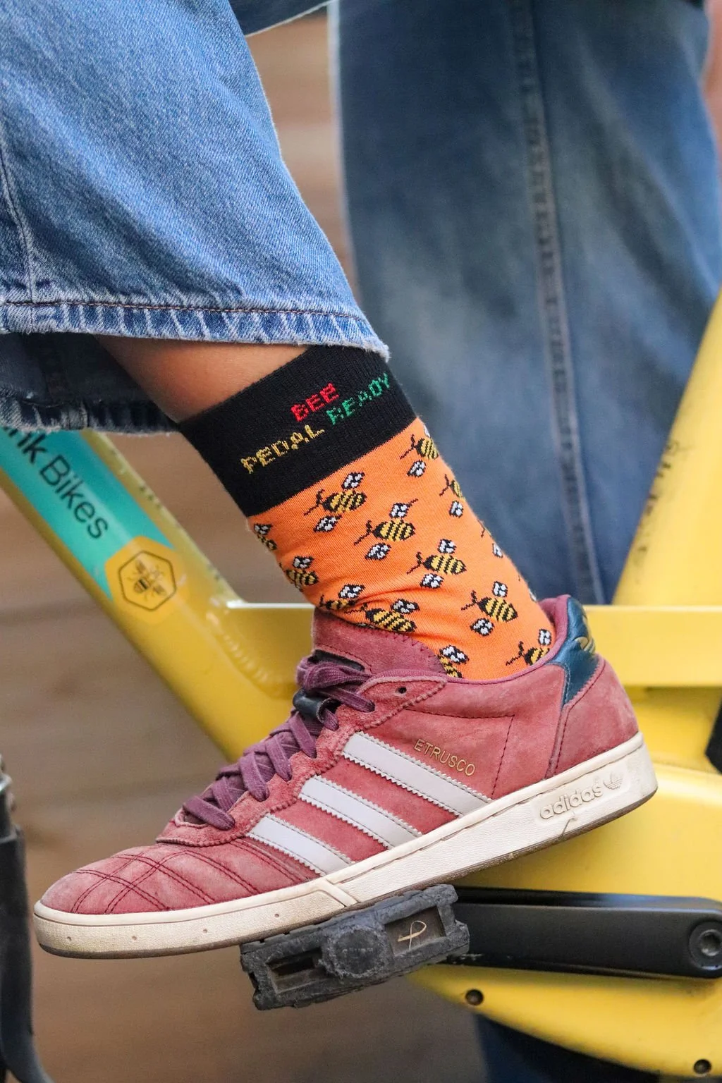 bee-pedal-ready-socks-on-bee-network-bike.jpg