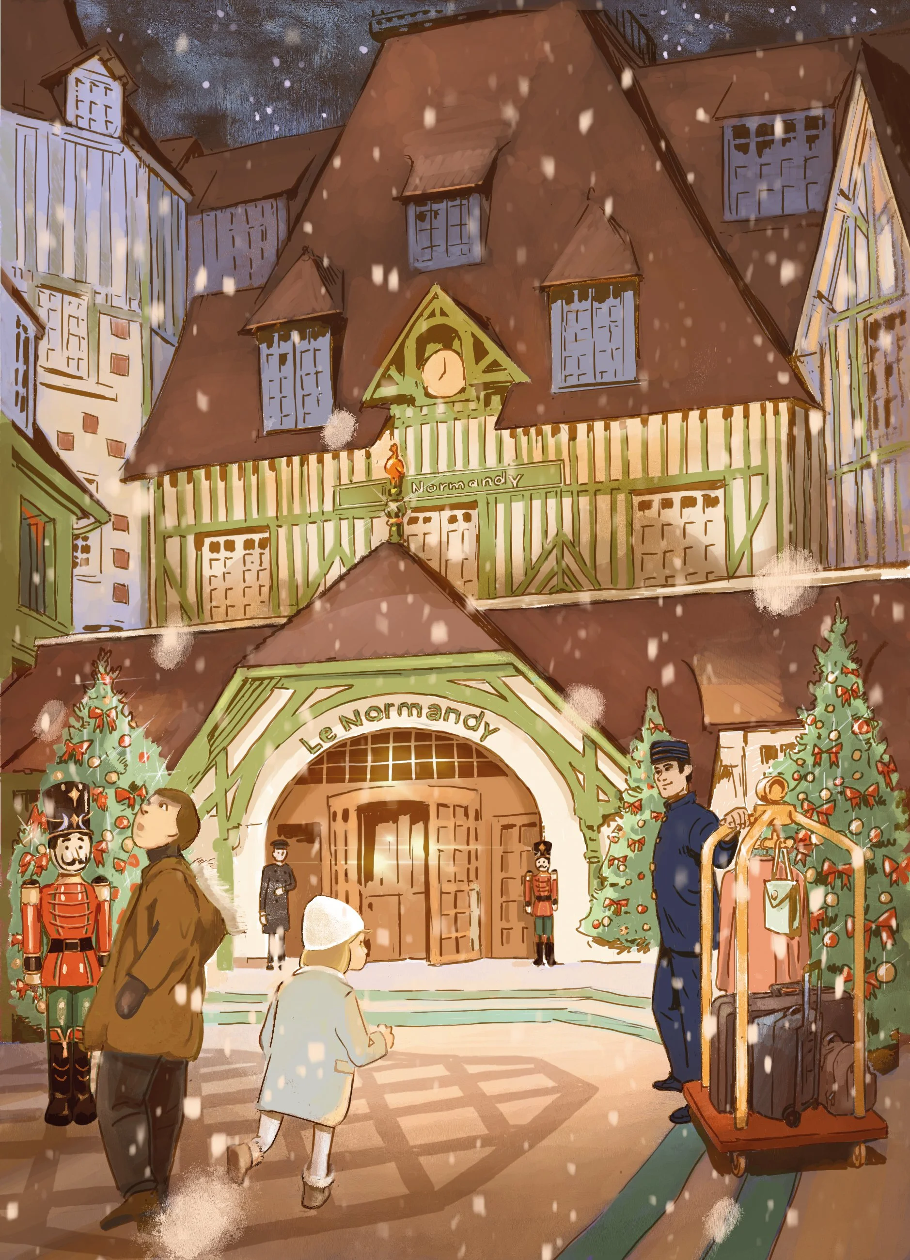 Published children’s illustration showing a family arriving at a grand luxury hotel during a winter Christmas journey, beginning a magical editorial storytelling series