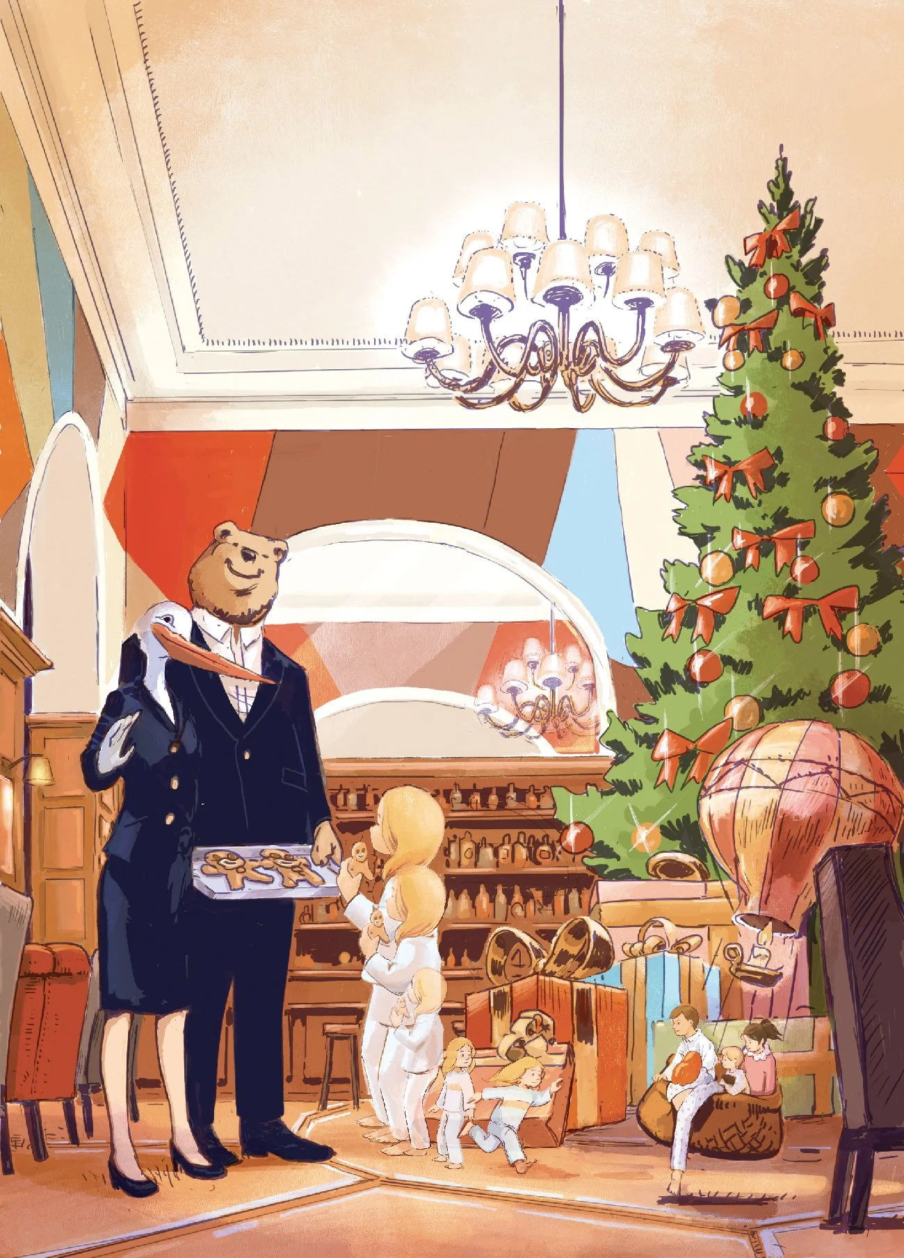 Published children’s illustration of kids discovering a luxury hotel interior for the first time, capturing a magical moment in an editorial storytelling scene