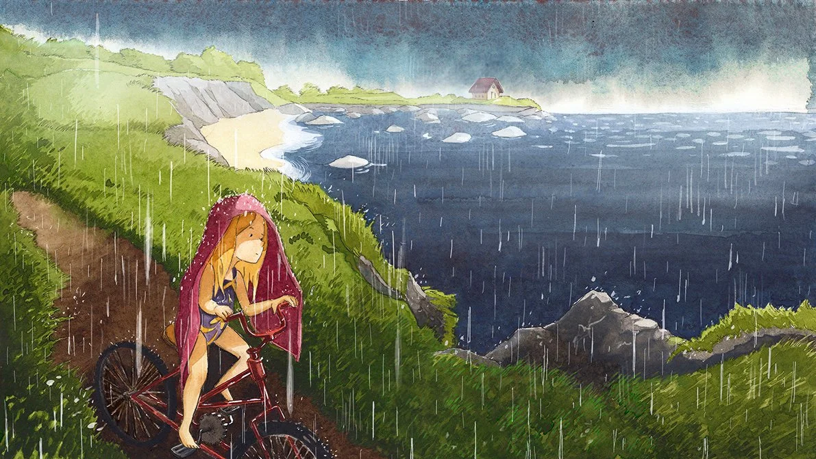 Watercolor illustration for a children's book: cycling along the dunes in Brittany