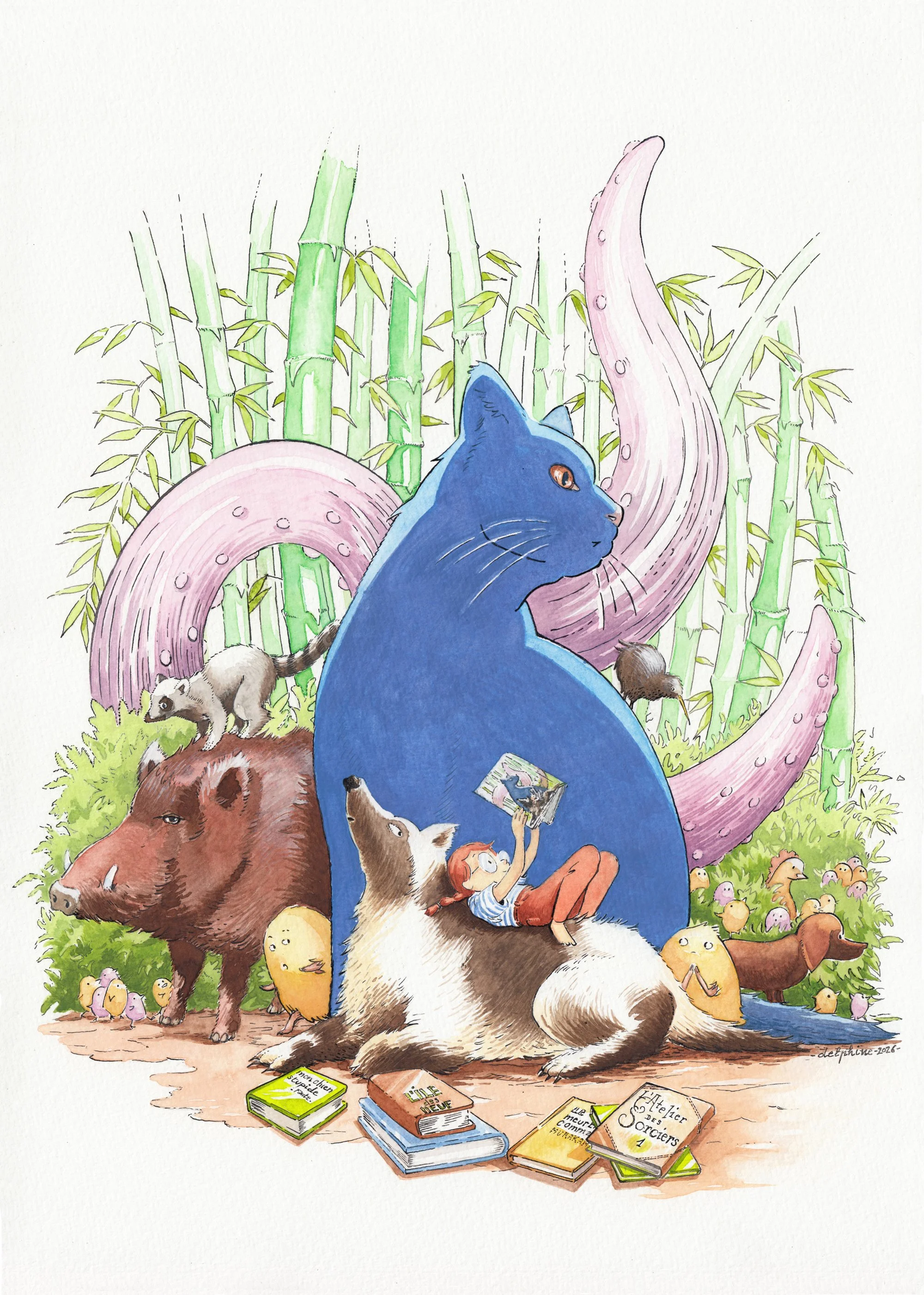 A children’s illustration showing a child reading while lying on a big dog in a bamboo forest, surrounded by animals and watched over by a mysterious blue cat.