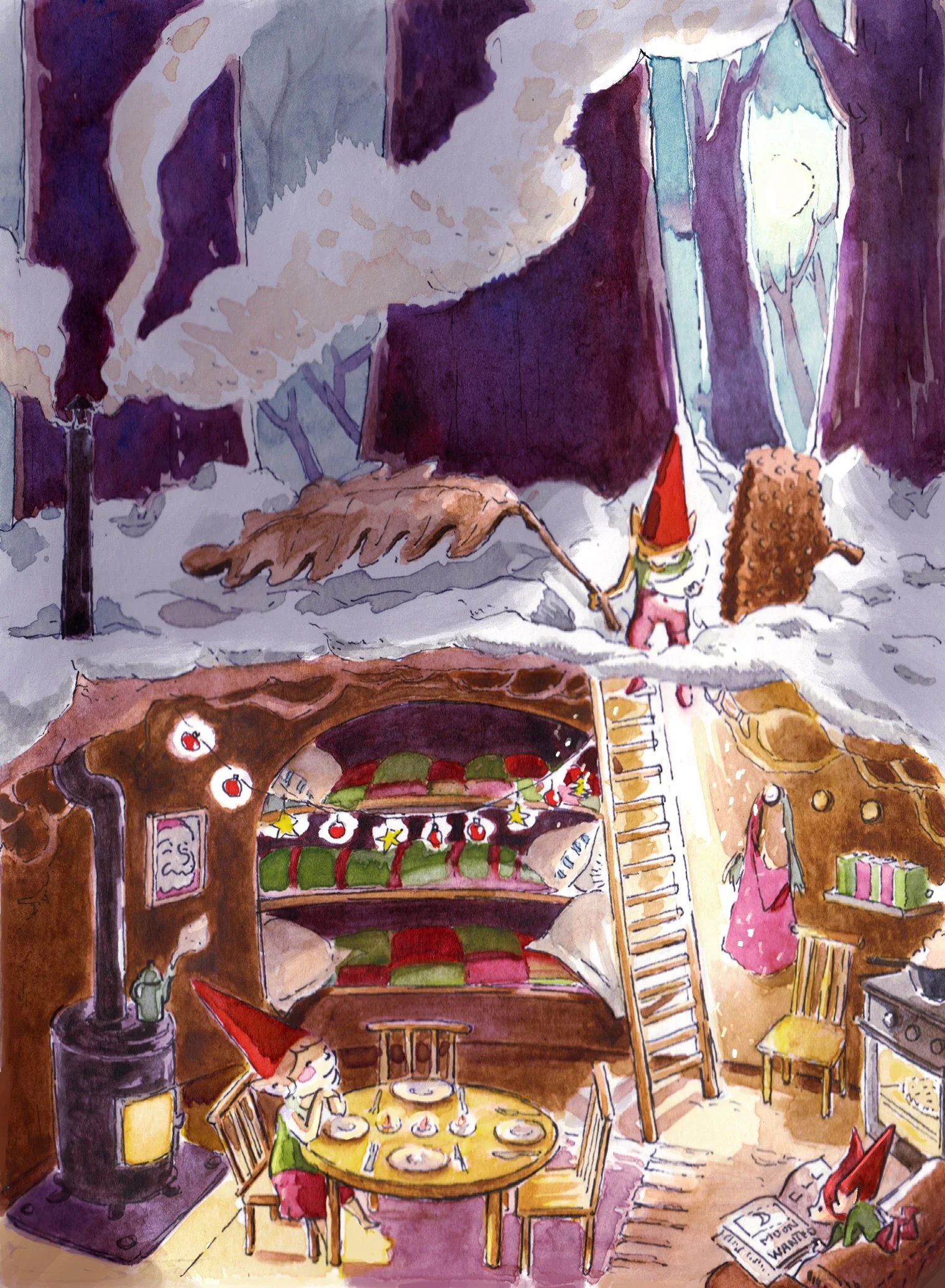 Watercolor illustration for a children’s book showing Christmas elves entering a cozy underground home with a warm wood stove in a snowy forest