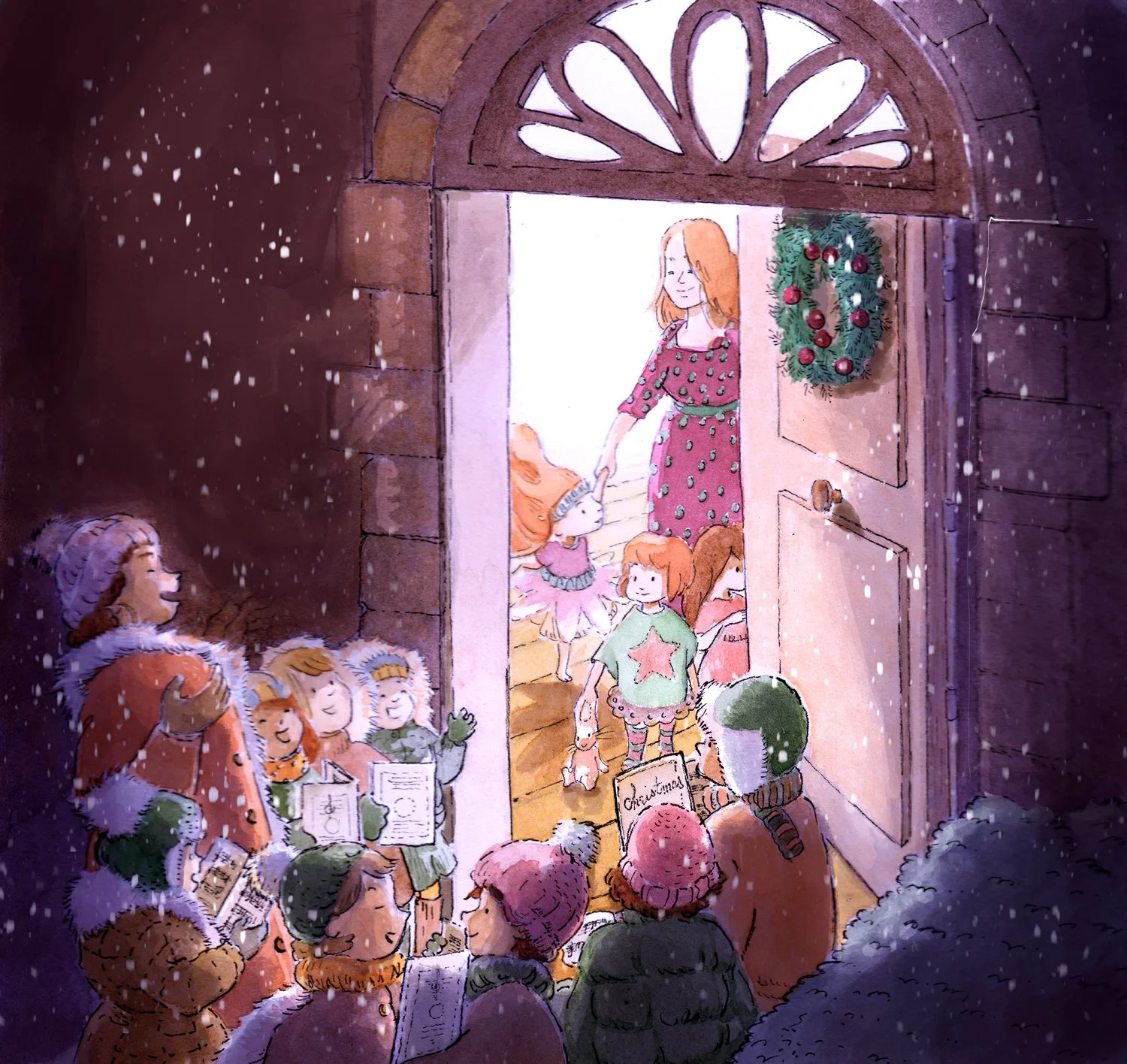 Children singing Christmas carols in a festive neighborhood illustration