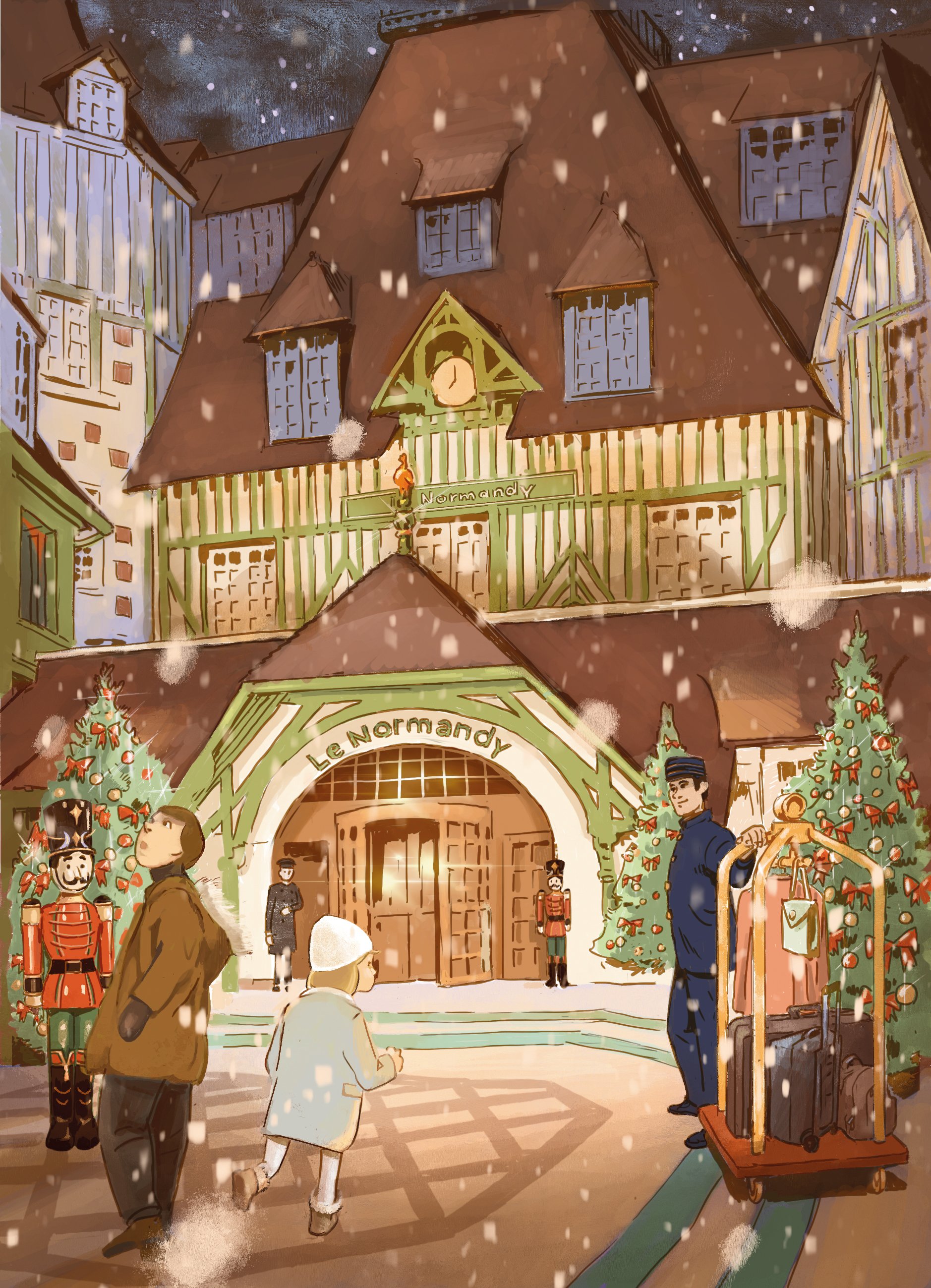 Published children’s illustration showing a family arriving at a grand luxury hotel during a winter Christmas journey, beginning a magical editorial storytelling series