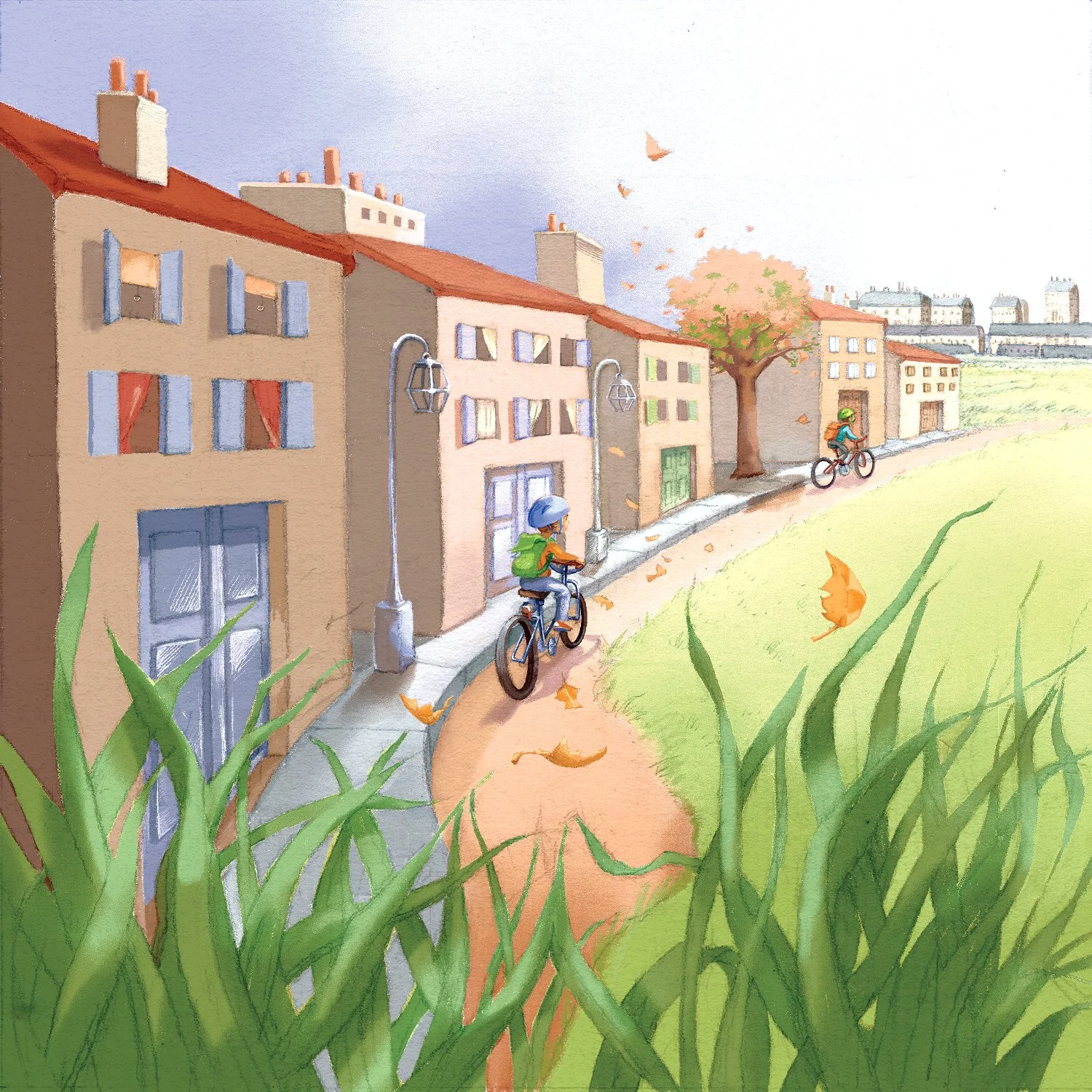 Editorial children’s book illustration of an 8-year-old child riding a bicycle through a peaceful residential neighborhood on a sunny day, continuing his everyday journey to school in a calm and realistic daily life scene
