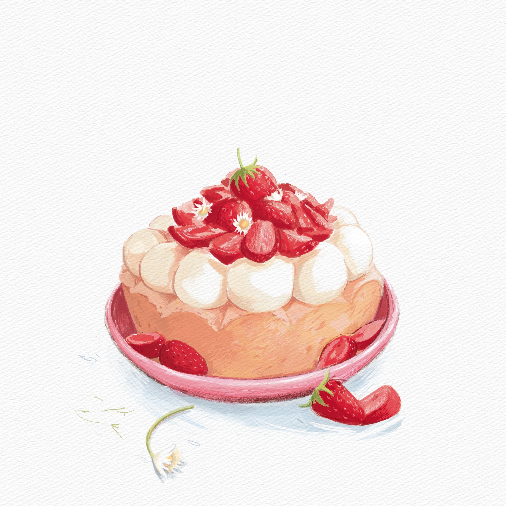 Illustration de dacquoise aux fraises, dessin gourmand et coloré