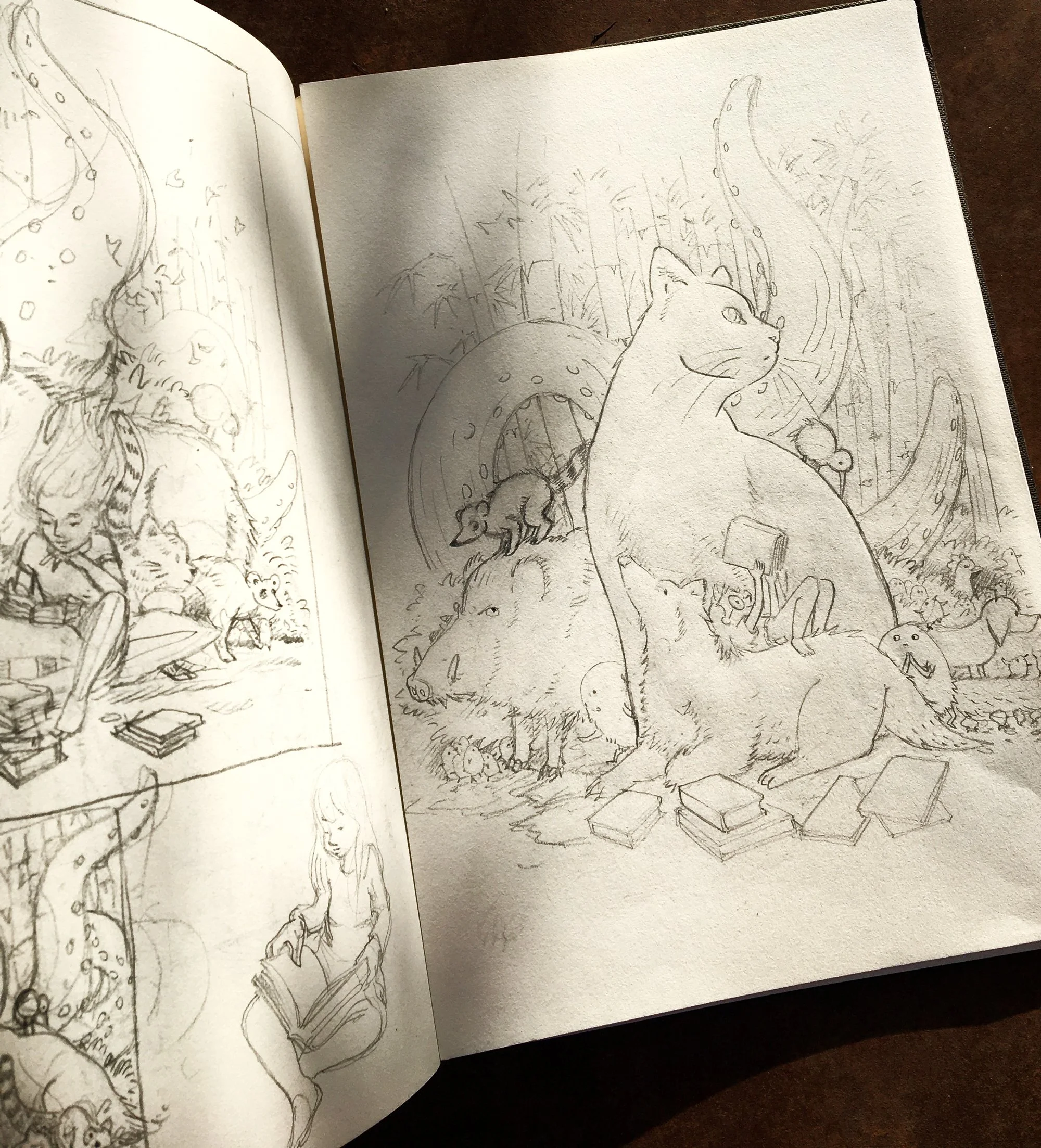 Sketchbook drawing of a children’s illustration showing a child reading on a large dog in a bamboo forest.