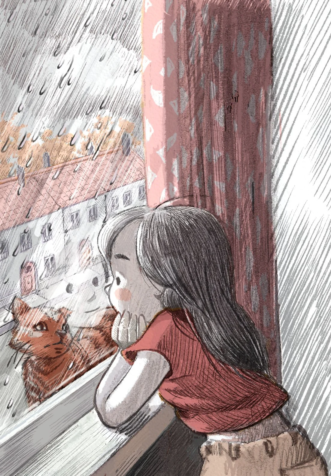 Poetic children’s book illustration of a girl warmly inside looking through a rainy window at her tabby cat outside, creating a gentle feeling of separation and connection