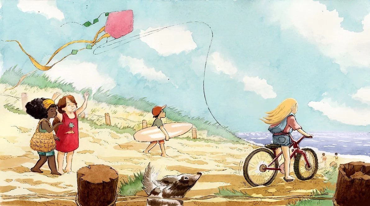 Girl cycling on a Brittany beach during summer holiday illustration