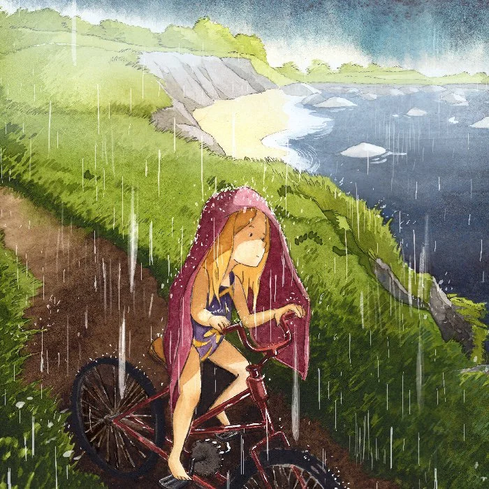 Girl cycling along the rainy coastline leaving the beach illustration