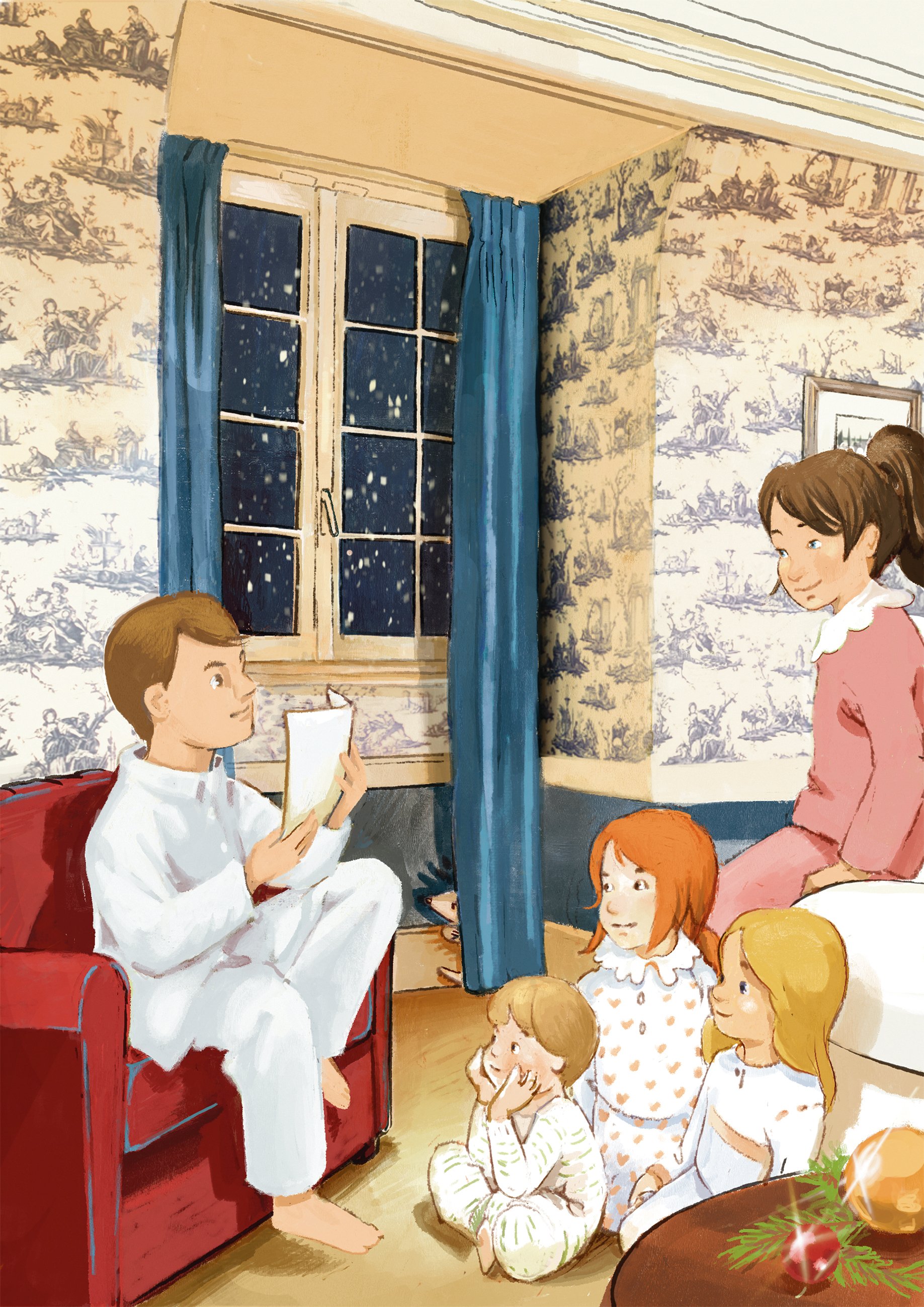 Published dreamlike illustration of children in a winter night scene filled with magical Christmas atmosphere and poetic storytelling