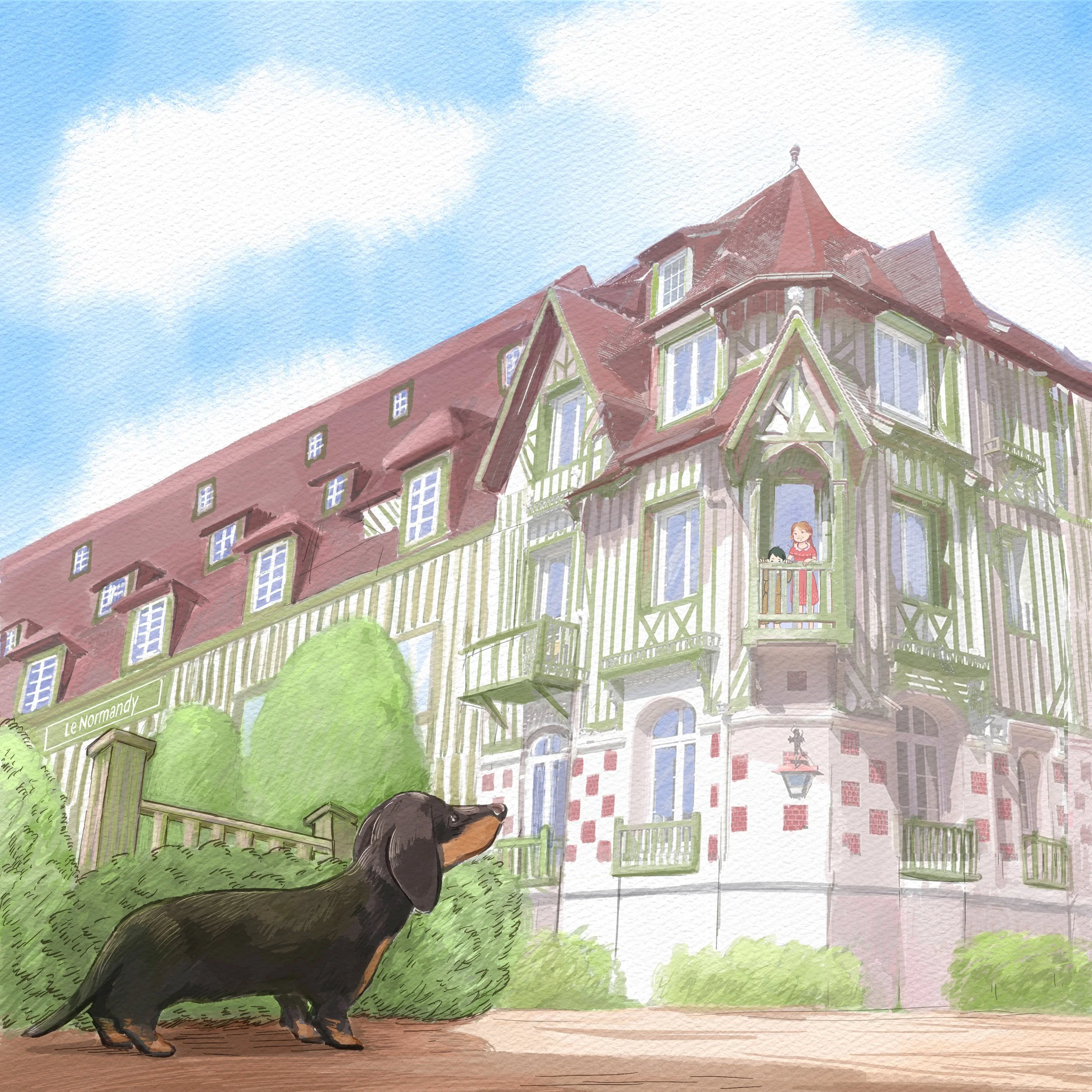 Editorial illustration of a dachshund standing in front of the Normandy hotel in Deauville, looking at the elegant facade, while two children smile from a window above in a soft and peaceful daylight atmosphere