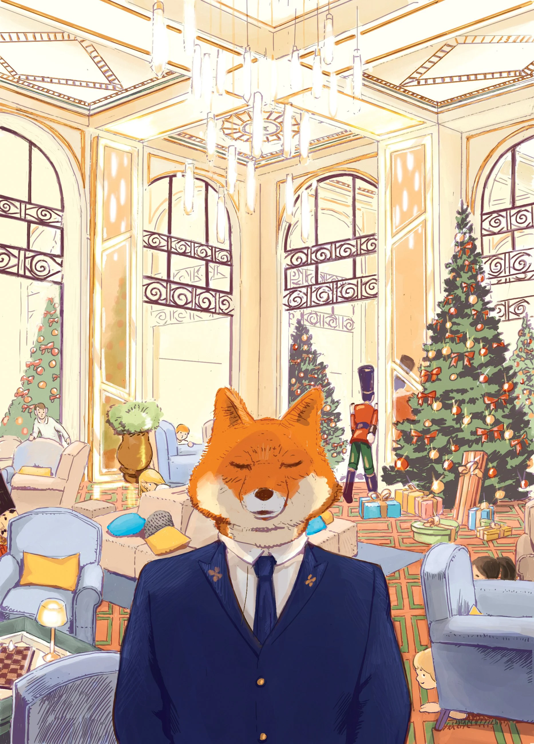 Published editorial illustration of an elegant fox character in a luxurious mirrored salon, with children and nutcracker automata in a magical Christmas narrative scene
