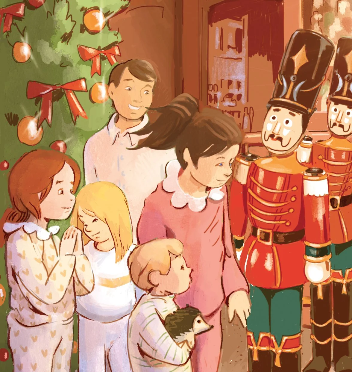 Detail of a Christmas illustration showing children in pajamas next to a decorated tree and a nutcracker figure