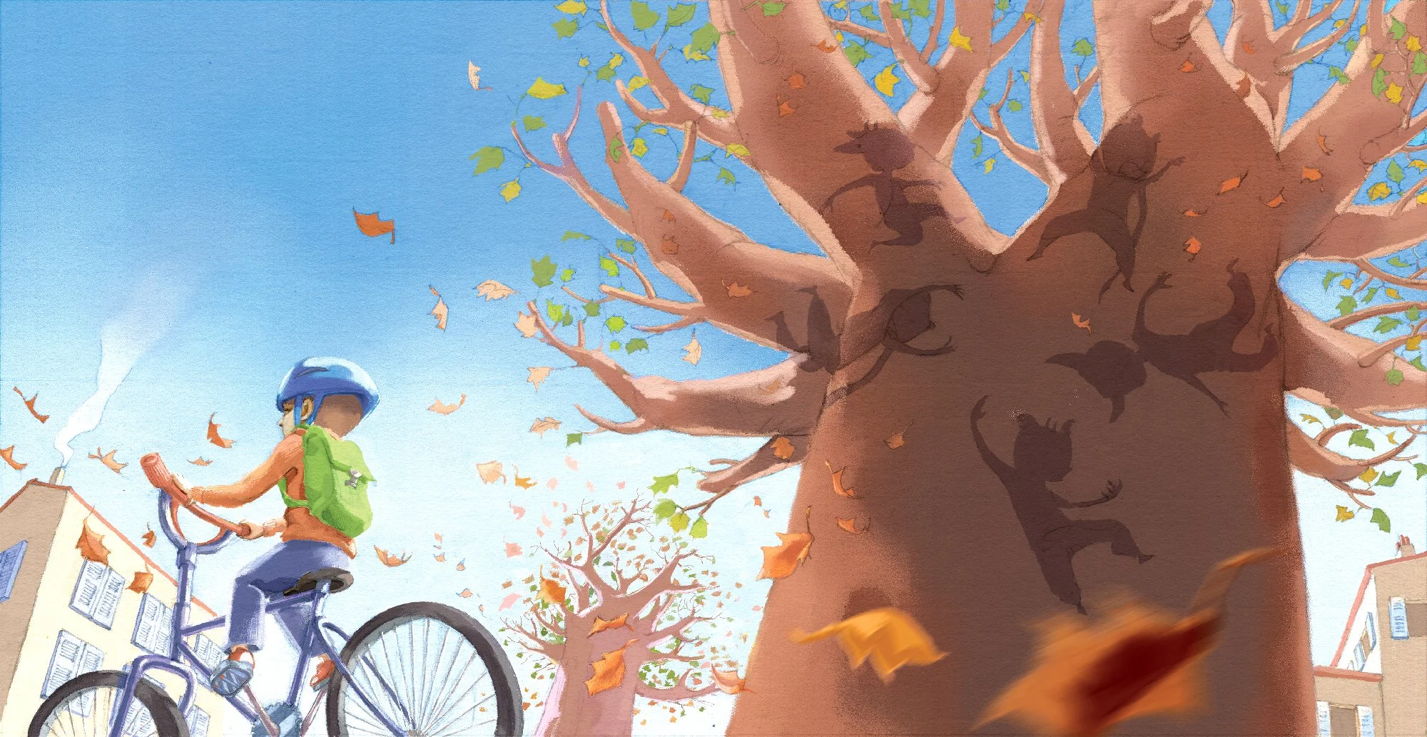 Editorial children’s book illustration of an 8-year-old child riding a bicycle to school on a sunny day, passing a large tree with falling leaves in the wind, where mysterious shadows appear, continuing a dreamlike and slightly magical narrative
