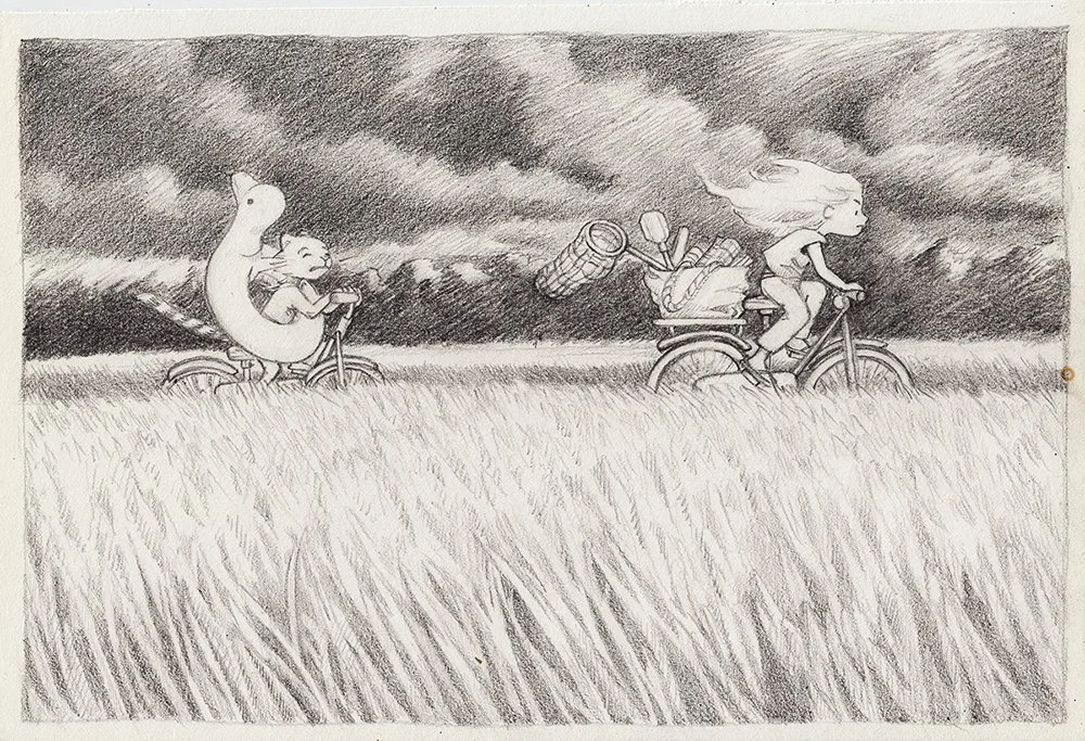 Emotional black and white pencil illustration of a girl riding her bicycle through a wheat field with her cat, hurrying to the beach before an approaching storm