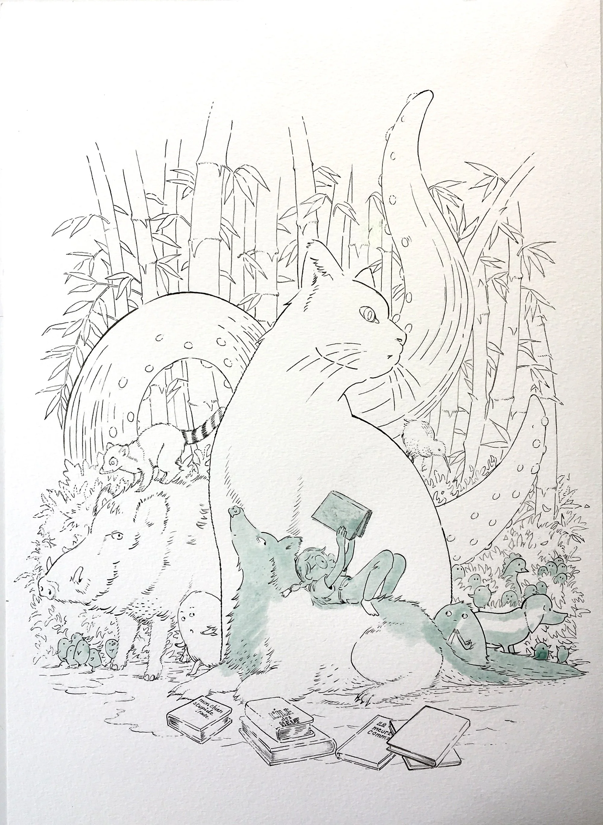 Ink drawing of a children’s illustration with masking fluid (drawing gum), prepared before watercolor painting.