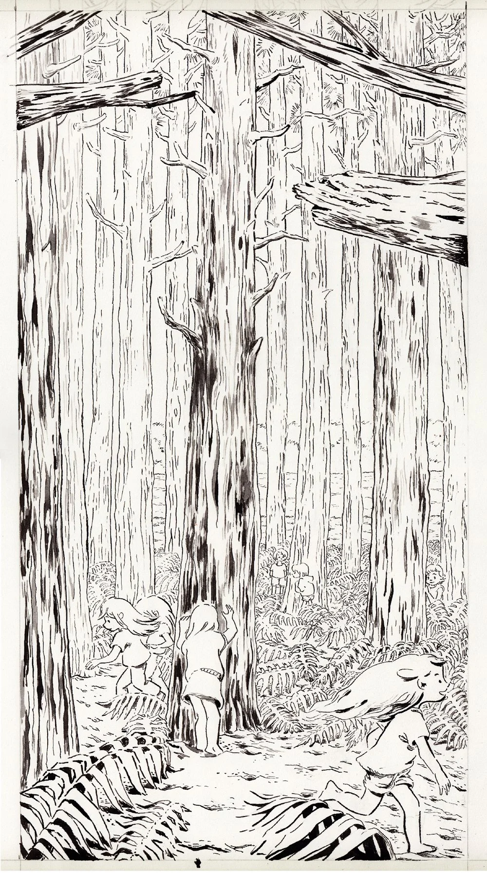 Black and white pencil children’s book illustration of several children playing hide and seek in a pine forest in the Landes, full of movement and playful energy
