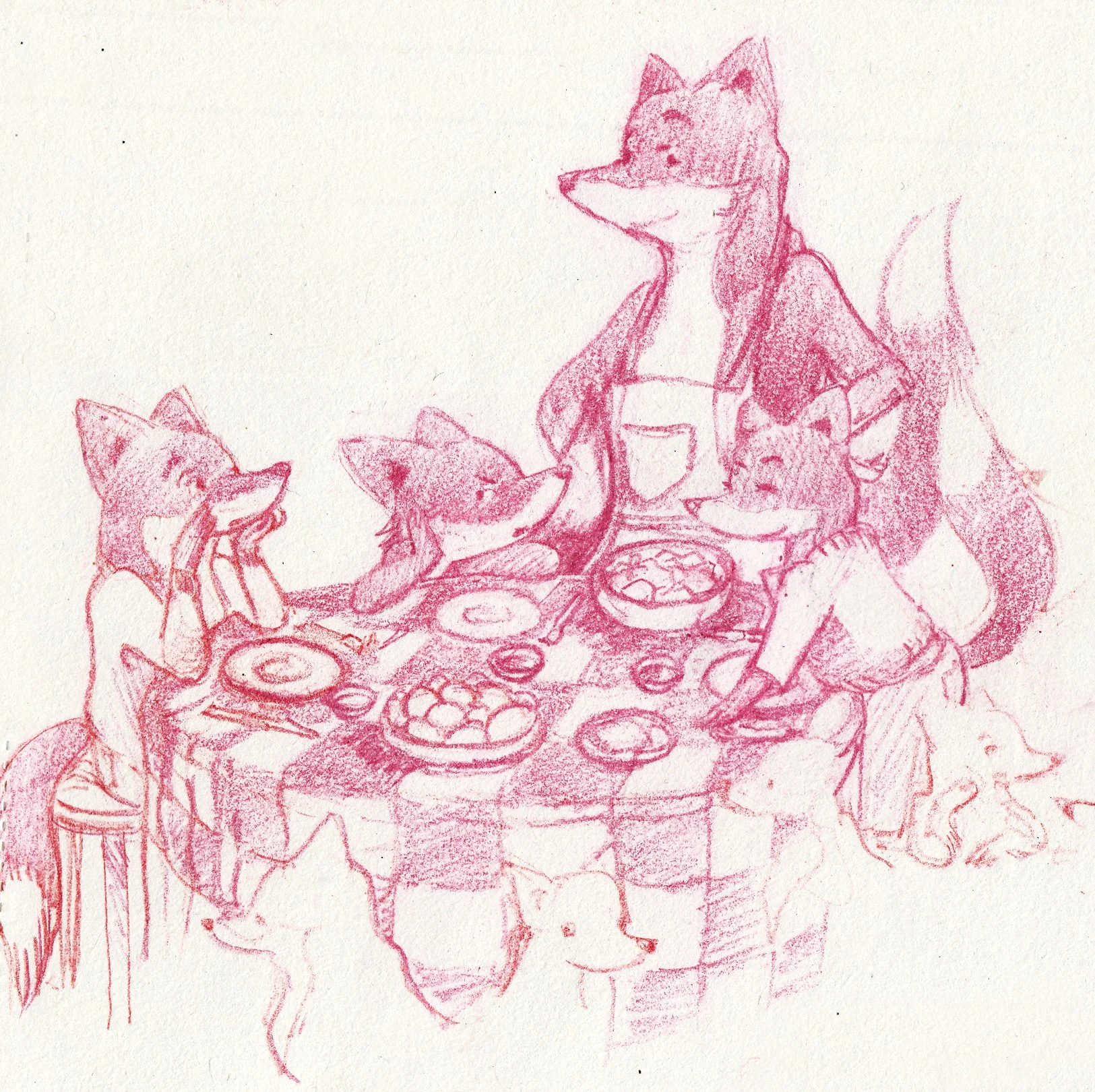 Fox family cosy dining winter – drawing for a children’s book project