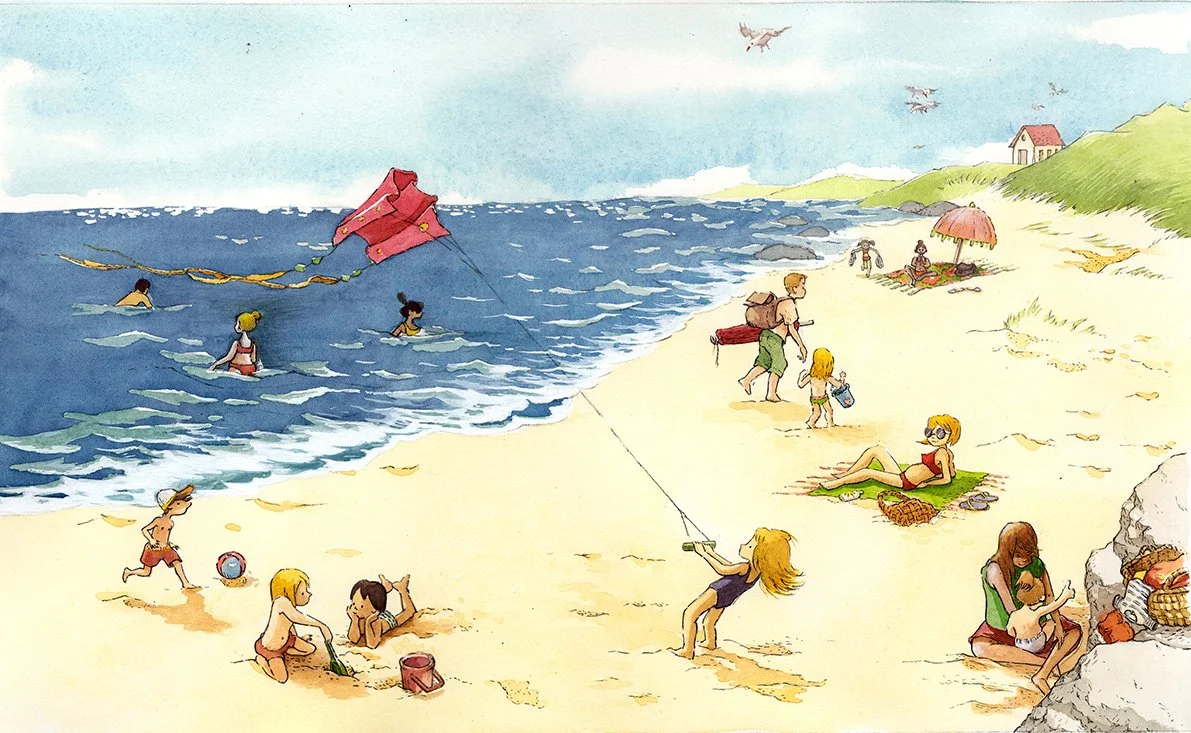 Girl flying a kite on a Brittany beach during summer holiday illustration