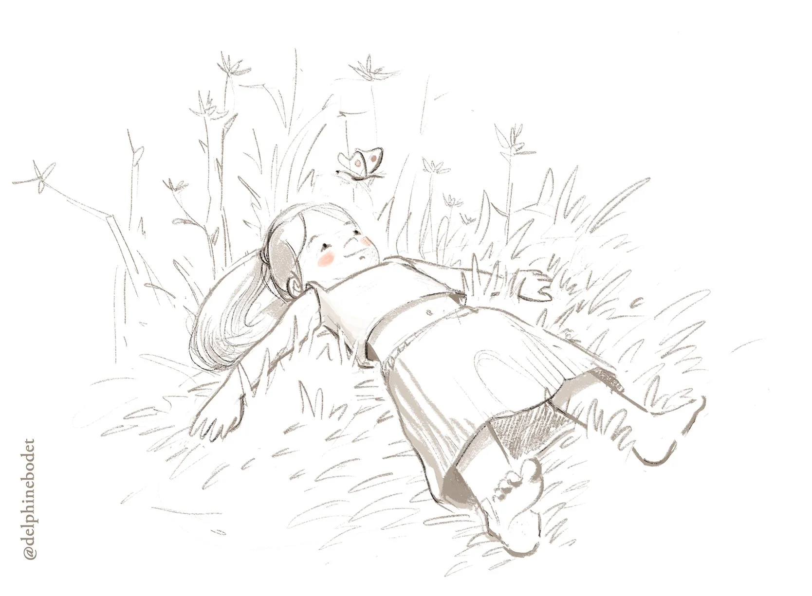 Poetic black and white pencil illustration of a young girl lying in spring grass, enjoying a calm and gentle moment outdoors in nature