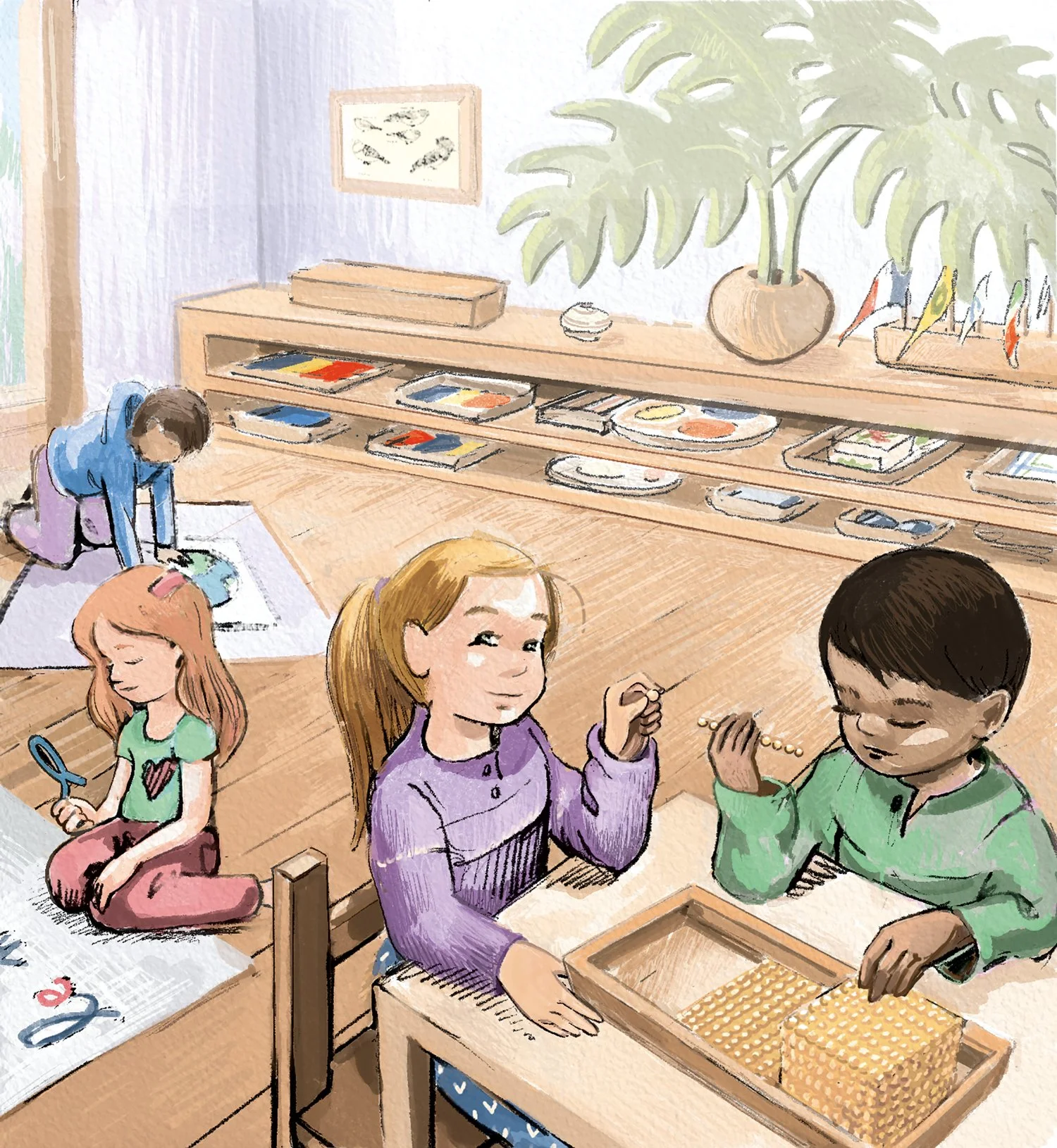 Illustration de plusieurs enfants travaillant dans une classe Montessori