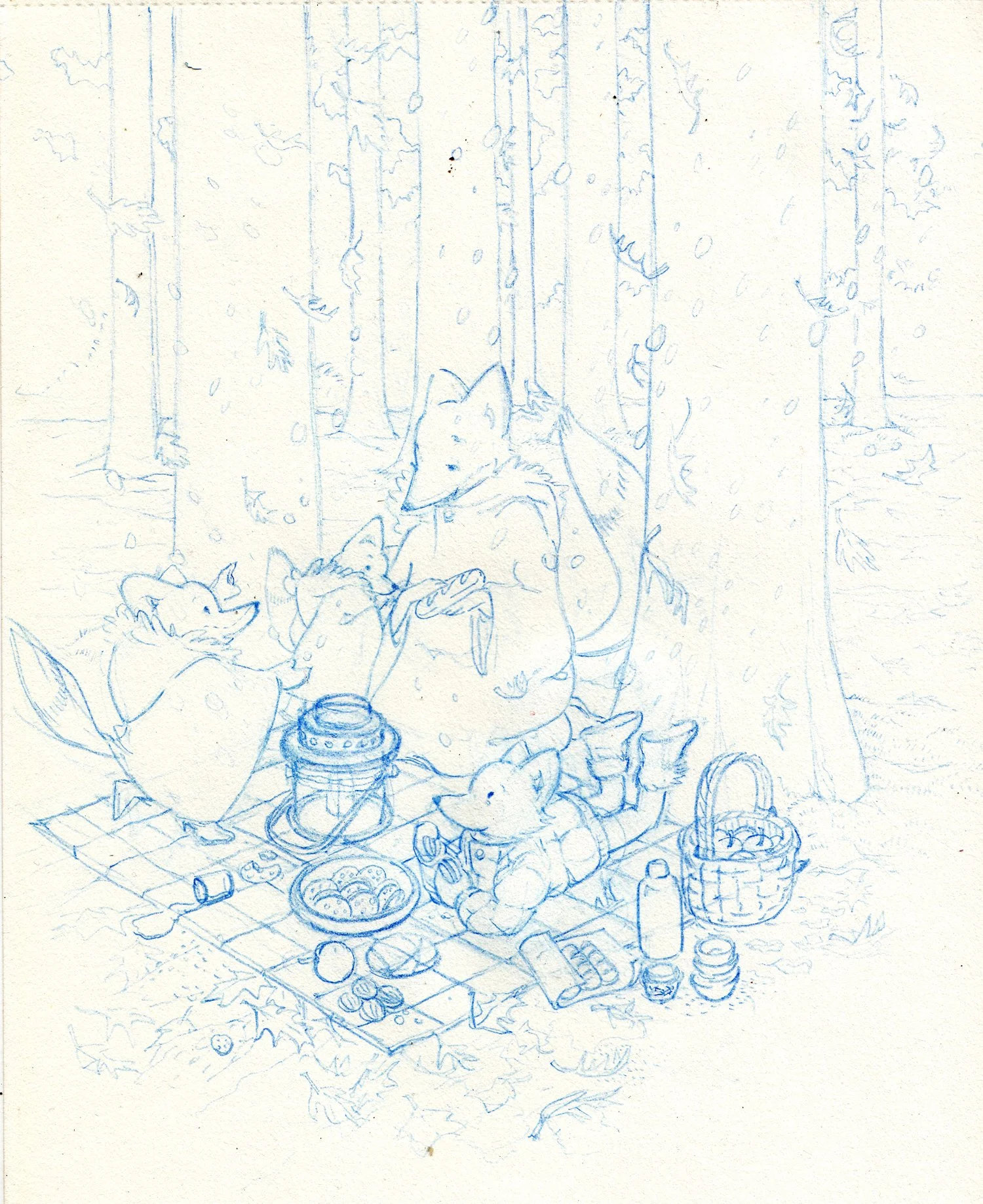 Little flox family having picnic in the forest - children's book illustration