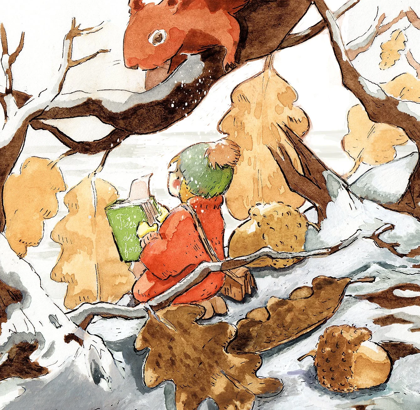 Editorial children’s book illustration of a tiny girl sitting on a tree branch surrounded by snow and oak leaves, with a squirrel visiting above her, in a magical fairy tale winter scene inspired by classic stories like Thumbelina