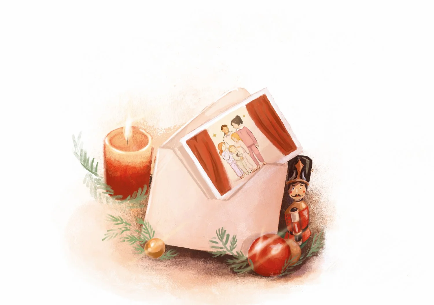 Illustration of a luxury Christmas scene with an envelope, a children’s photo and a candle, creating a warm and elegant atmosphere