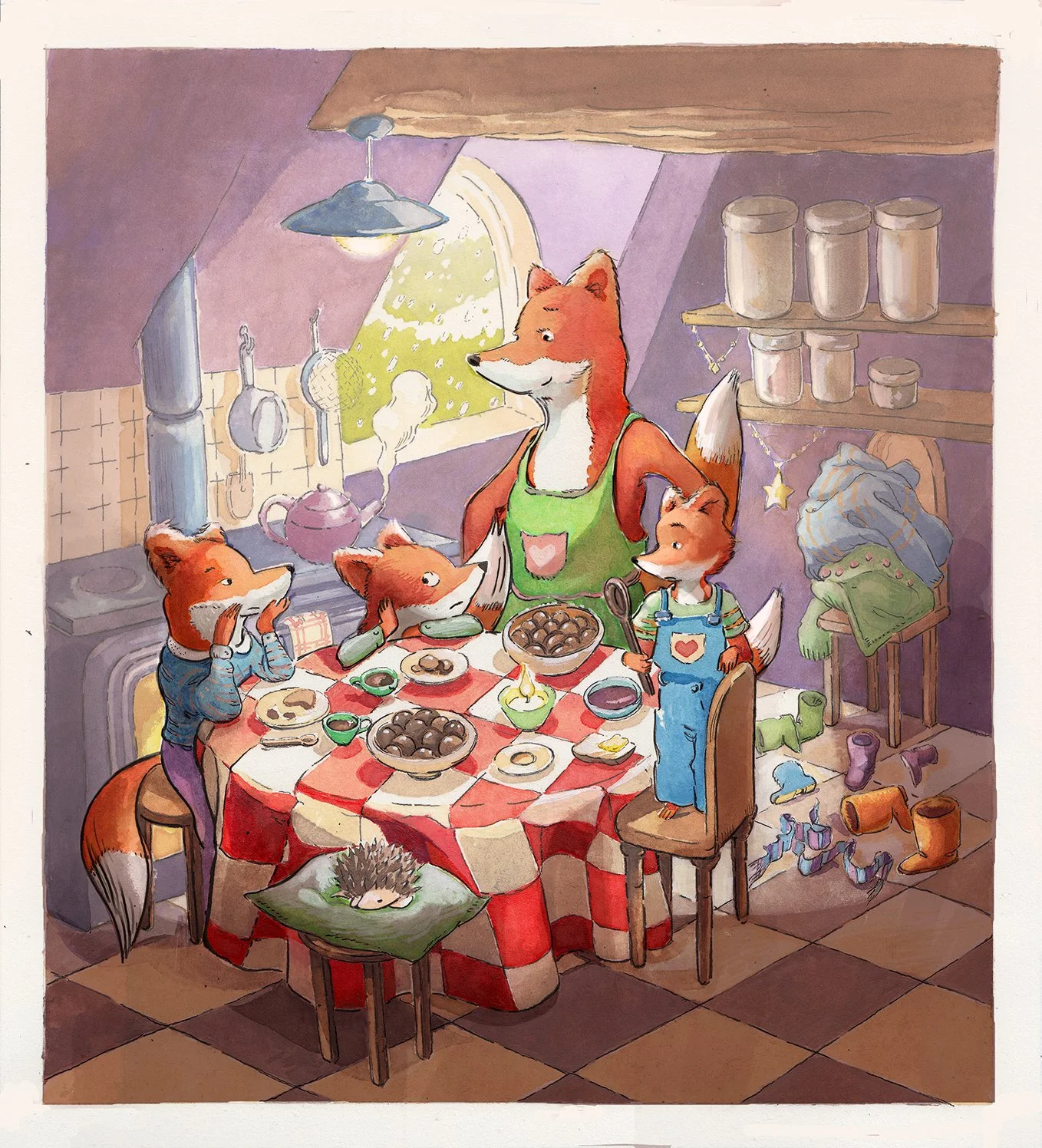 Watercolor children’s book illustration of a mother fox serving a cozy winter snack to her young foxes inside a warm home