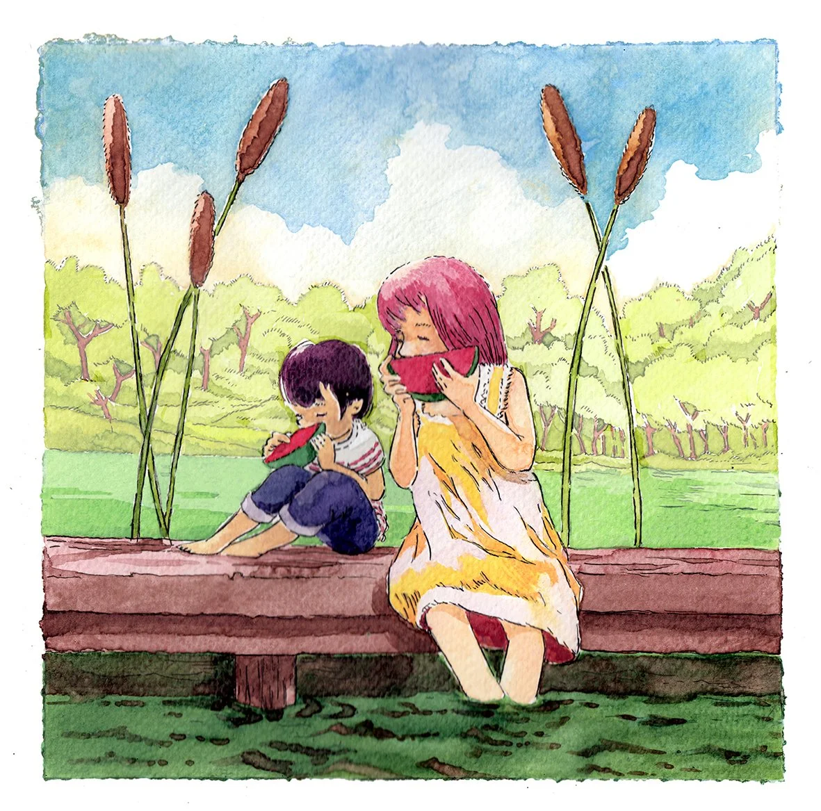 Watercolor children’s book illustration of a mother and her young son eating watermelon on a lakeside dock surrounded by nature on a warm summer day