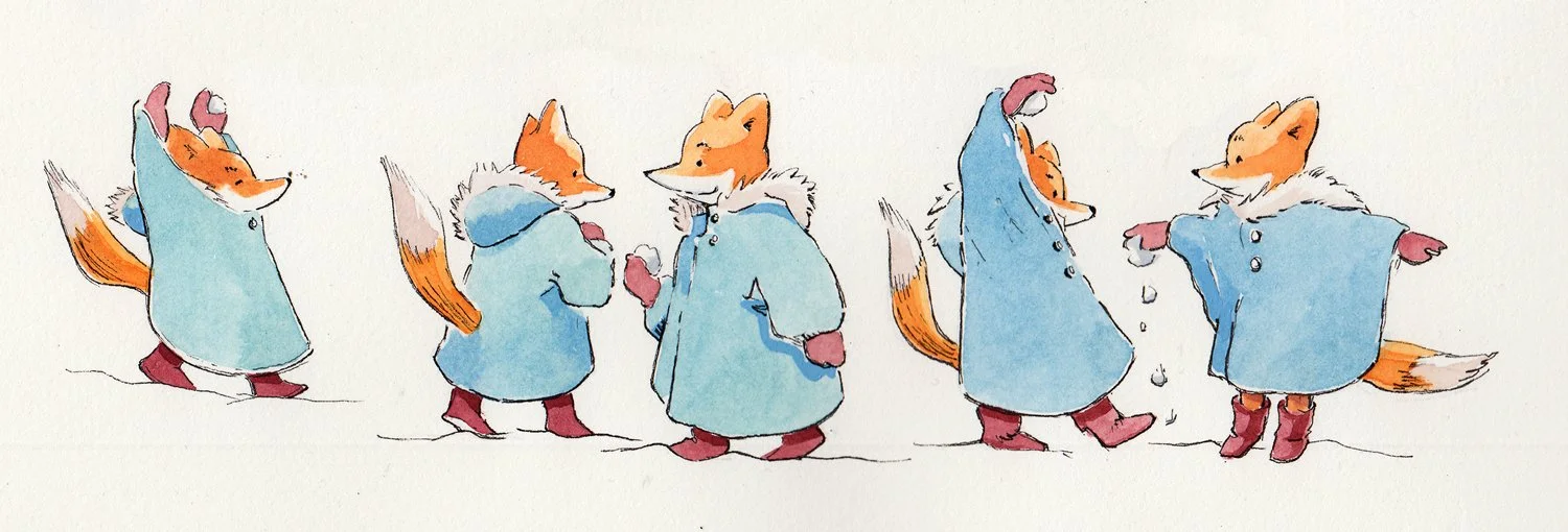 Watercolor children’s book character design sheet featuring fox characters playing in the snow in a lively winter scene
