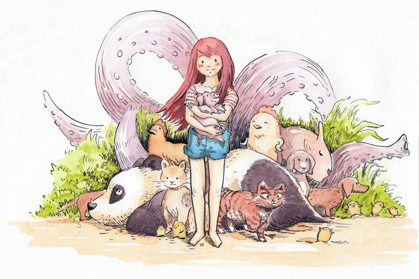 Colorful watercolor picture book illustration of a little girl in a forest with friendly animals, soft and poetic mood