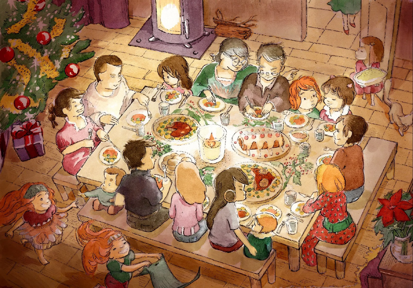 Children enjoying a cozy family Christmas dinner illustration