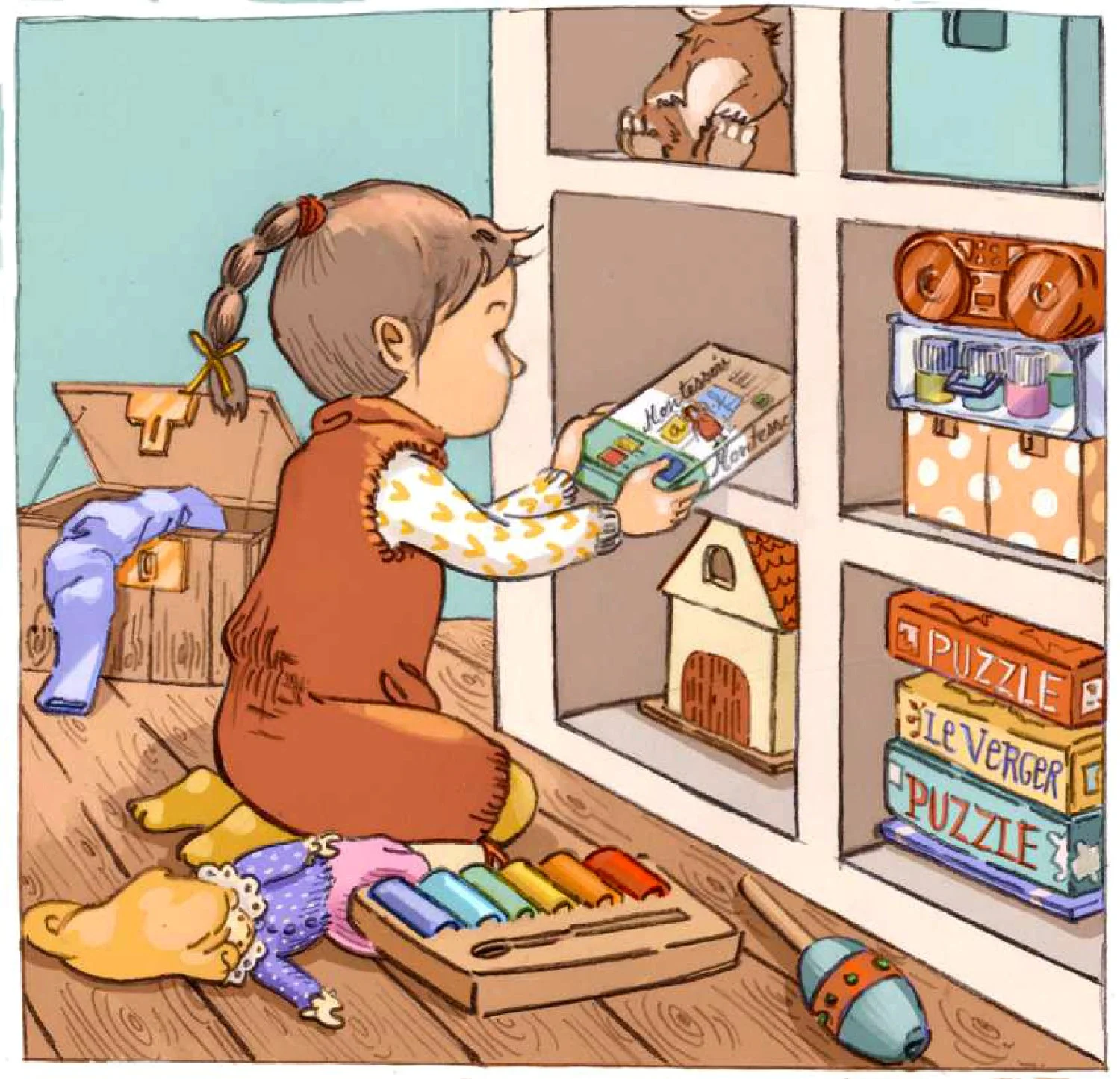 Preschool child tidying up room, learning responsibility and independence through daily habits