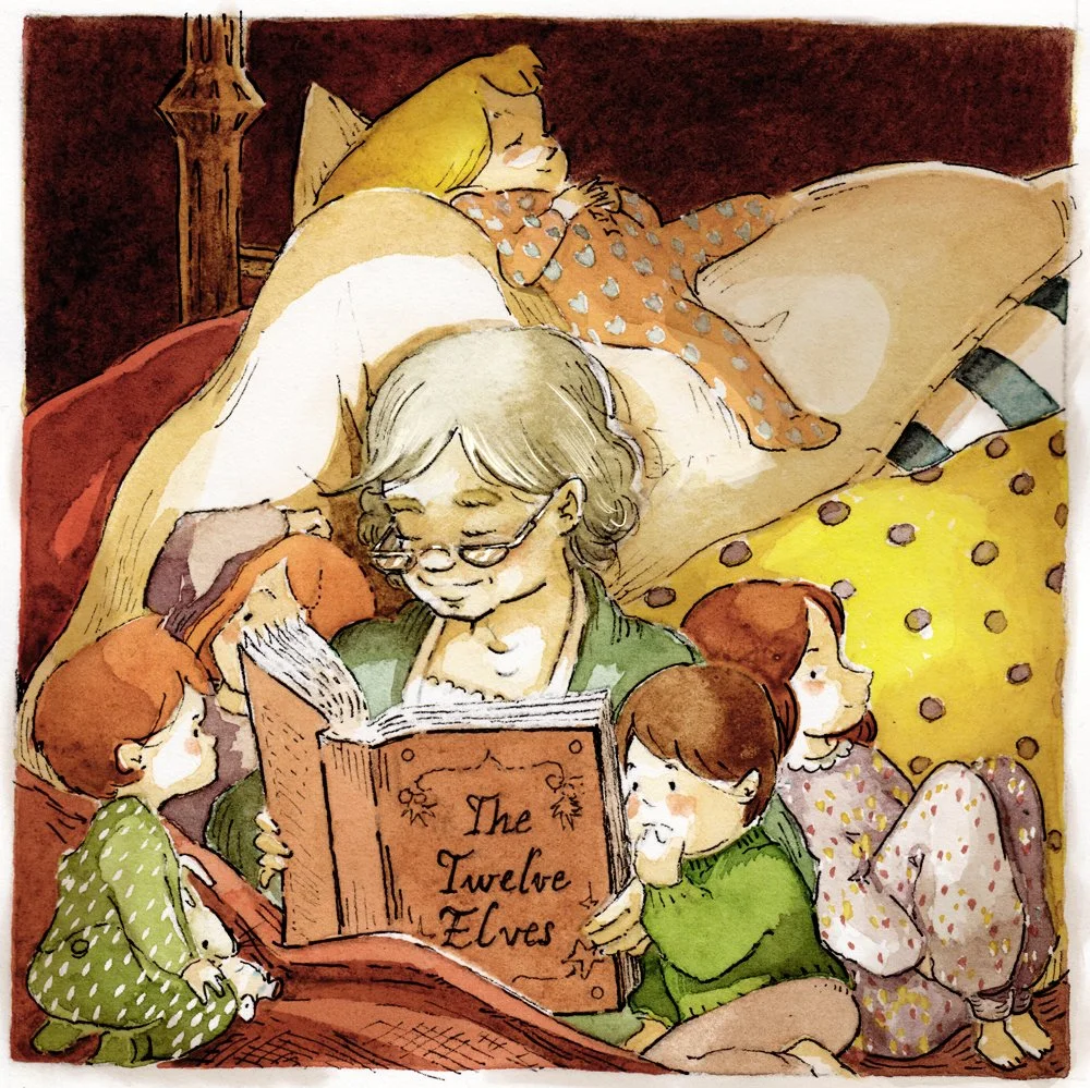 Grandmother reading a cozy bedtime story to young children illustration