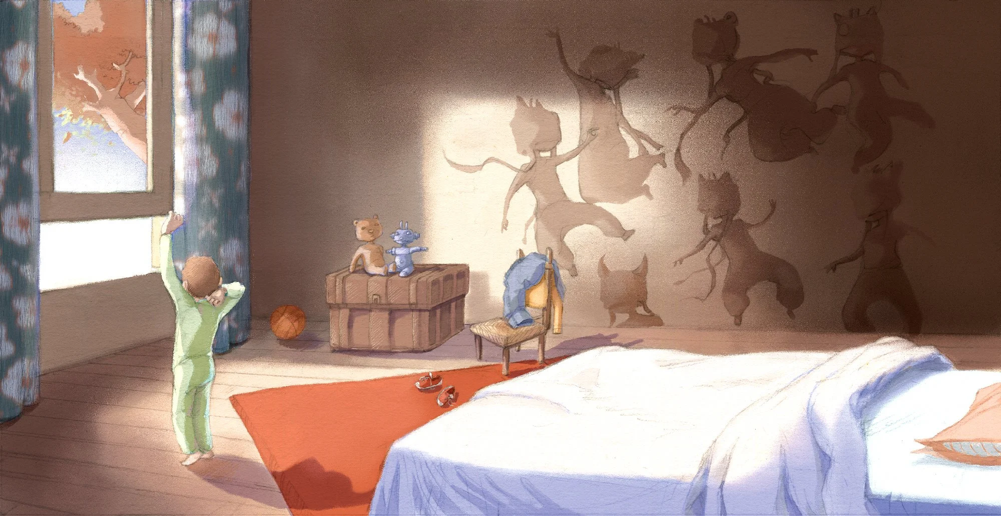 Editorial children’s book illustration of an 8-year-old child waking up and stretching in bed at dawn, in a softly lit bedroom with mysterious shadows on the wall, creating a dreamy and slightly fantastical morning atmosphere