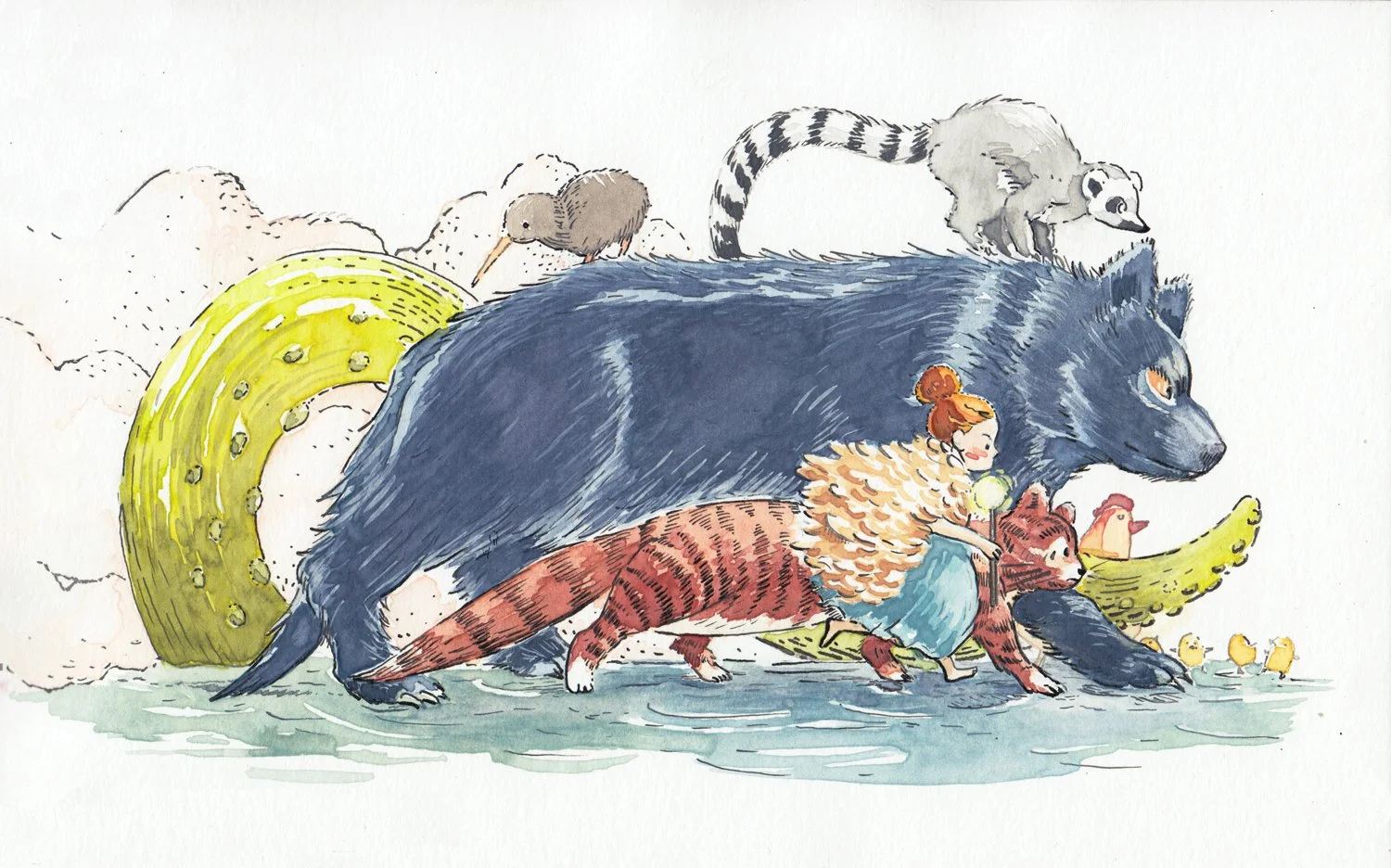 Editorial children’s book illustration of a warrior girl walking through water with her magical animal companions, including a blue wolf, a ginger cat, a lemur, and a kiwi bird, as a giant kraken emerges from the sea behind them in a fantastical stor